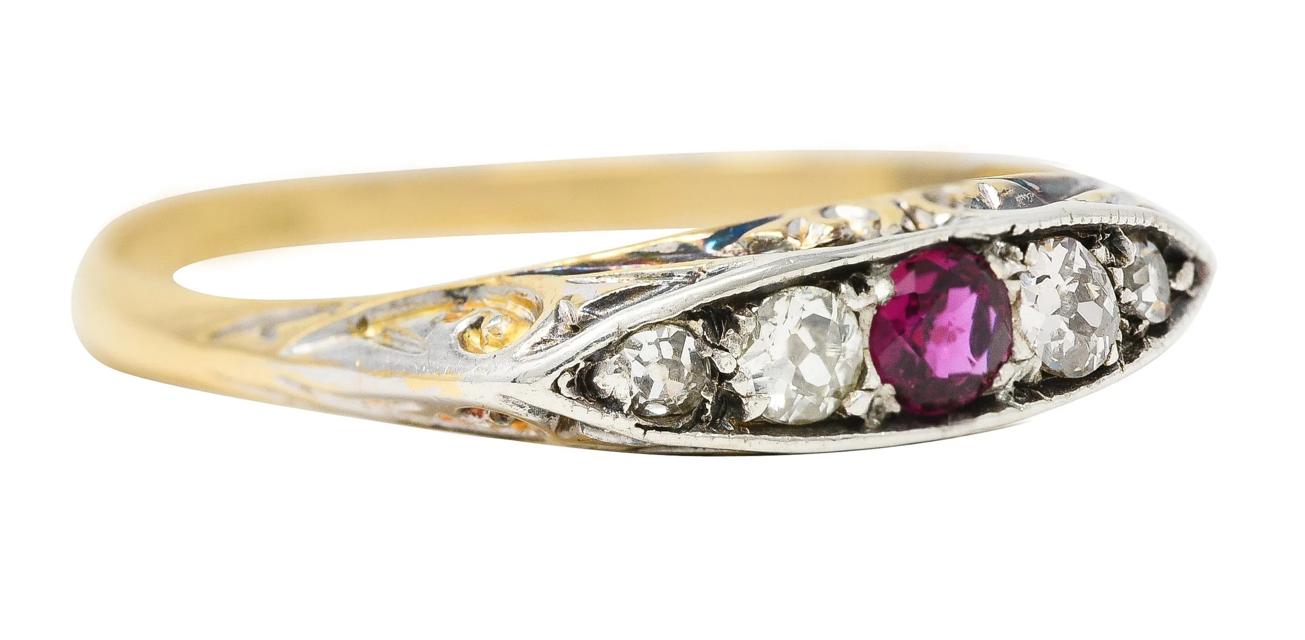 Edwardian Ruby European Cut Diamond Platinum-Topped Yellow Gold Scroll Antique Five Stone Band Ring