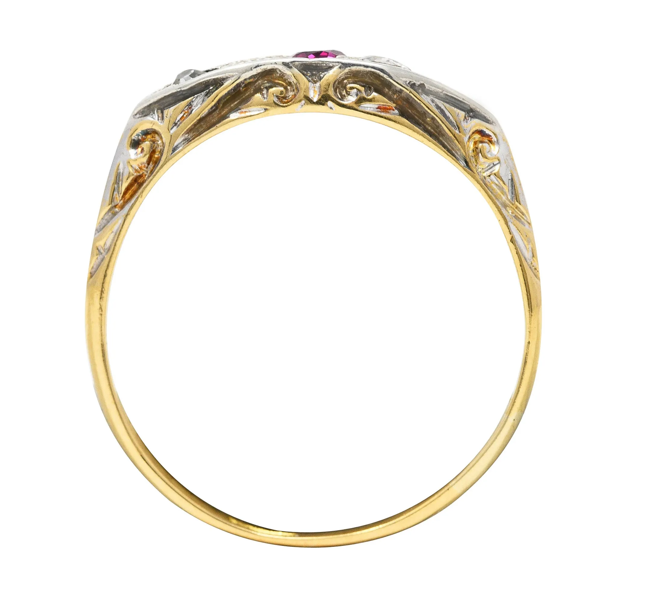 Edwardian Ruby European Cut Diamond Platinum-Topped Yellow Gold Scroll Antique Five Stone Band Ring