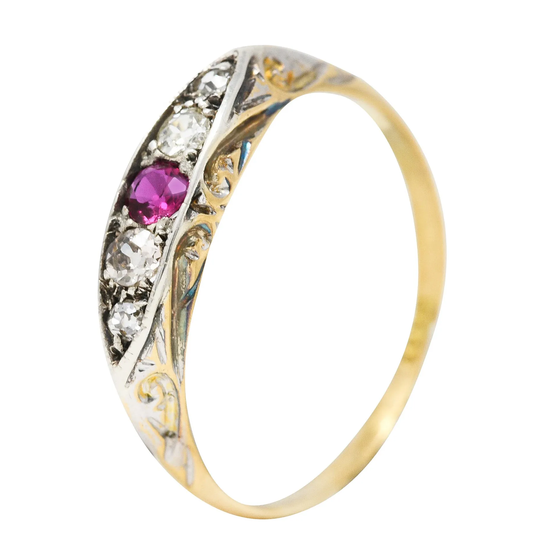 Edwardian Ruby European Cut Diamond Platinum-Topped Yellow Gold Scroll Antique Five Stone Band Ring