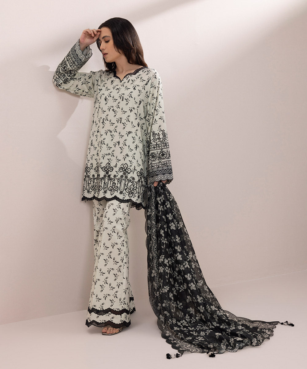 Embroidered Cotton Satin Suit - 3 Piece Set