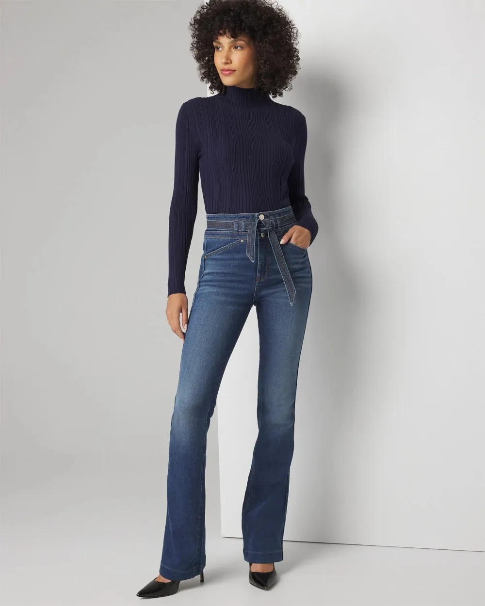 Soft Denim Belted Flare Jeans