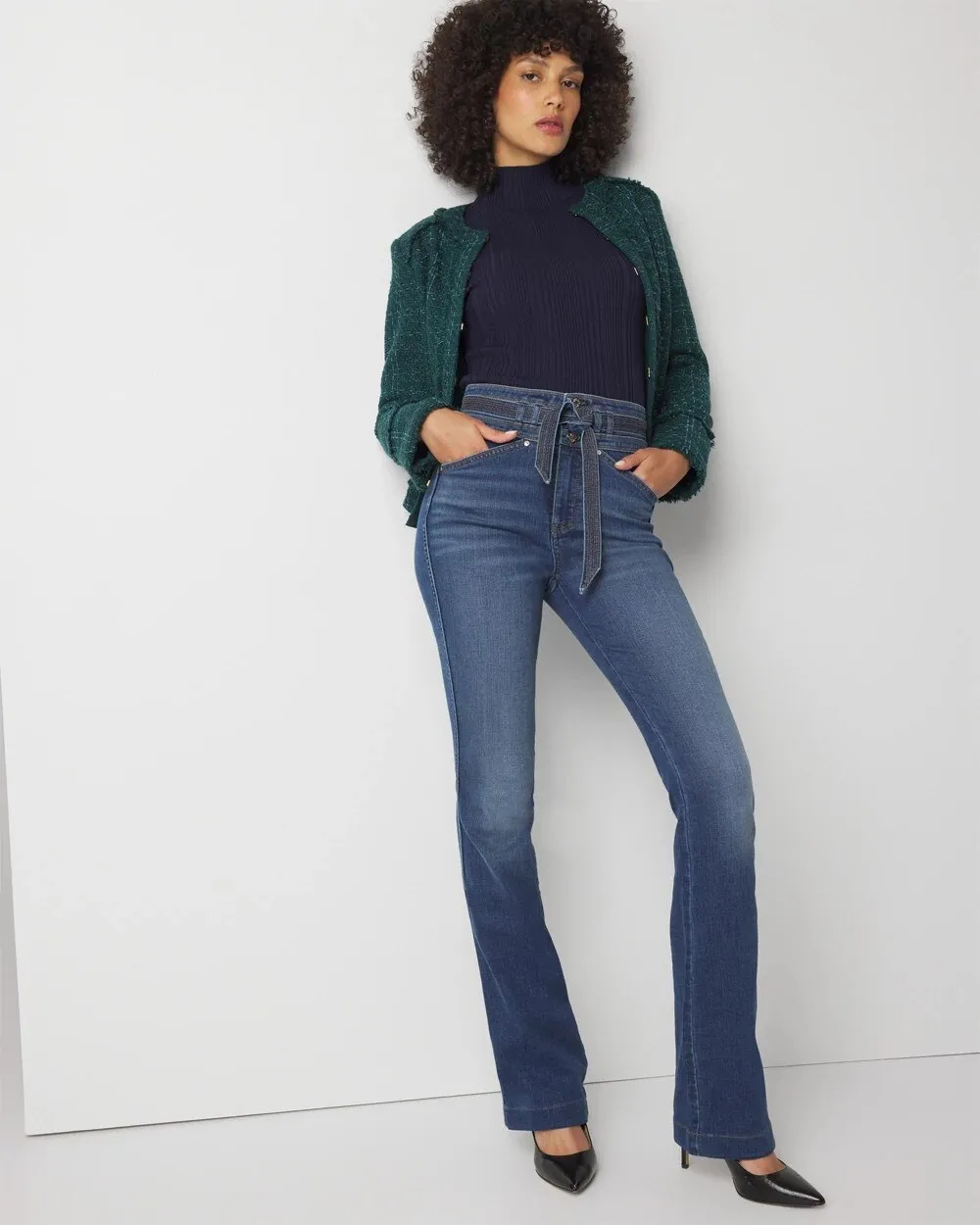 Soft Denim Belted Flare Jeans