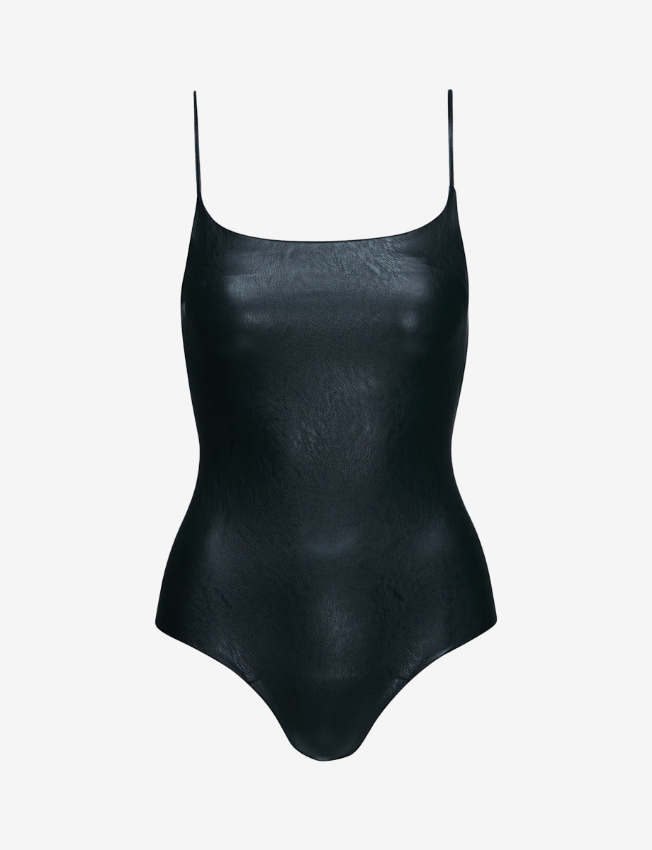 Faux Leather Cami Bodysuit: black sleeveless fitted bodysuit with artificial leather fabric.