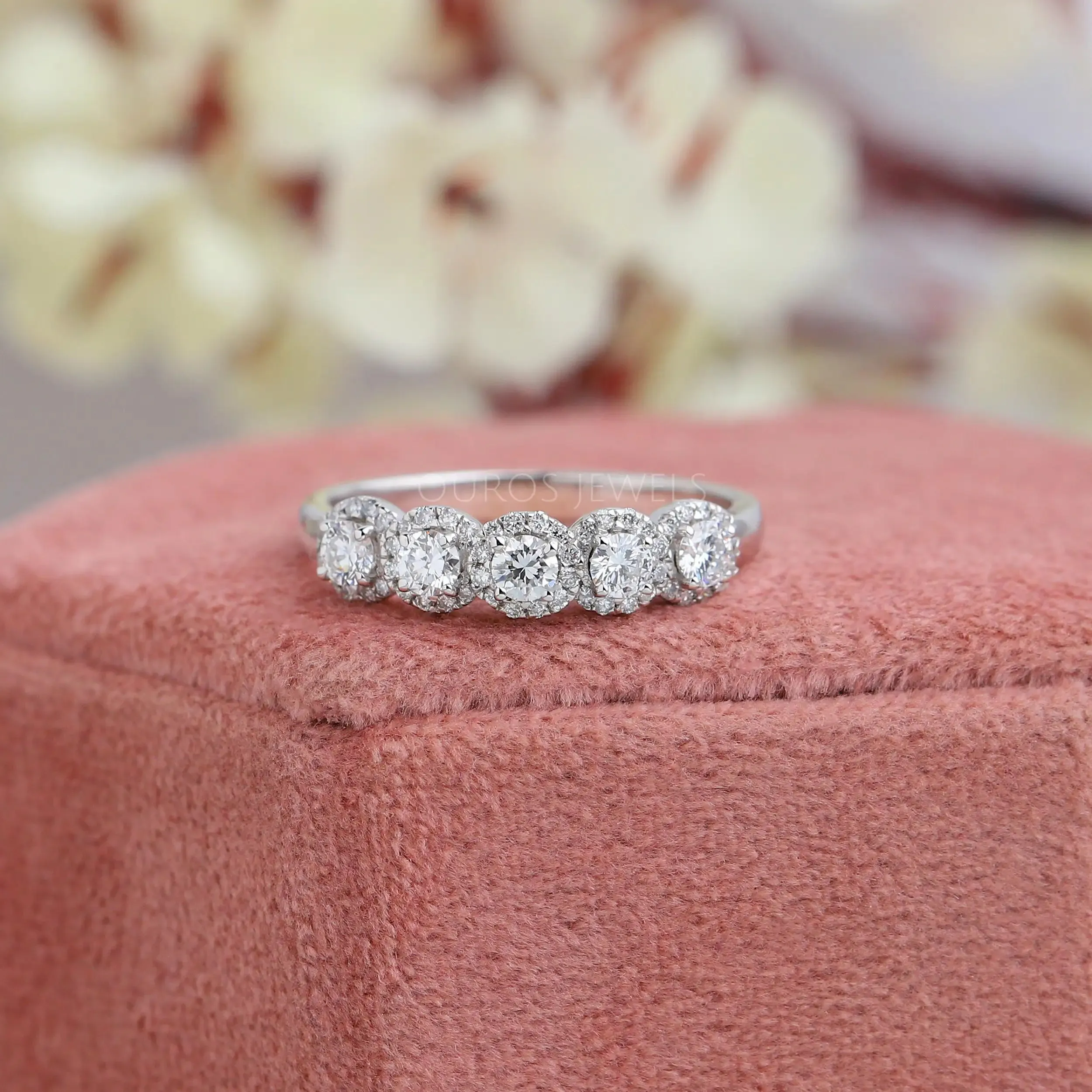 Halo Round Diamond Wedding Band with Five Stones