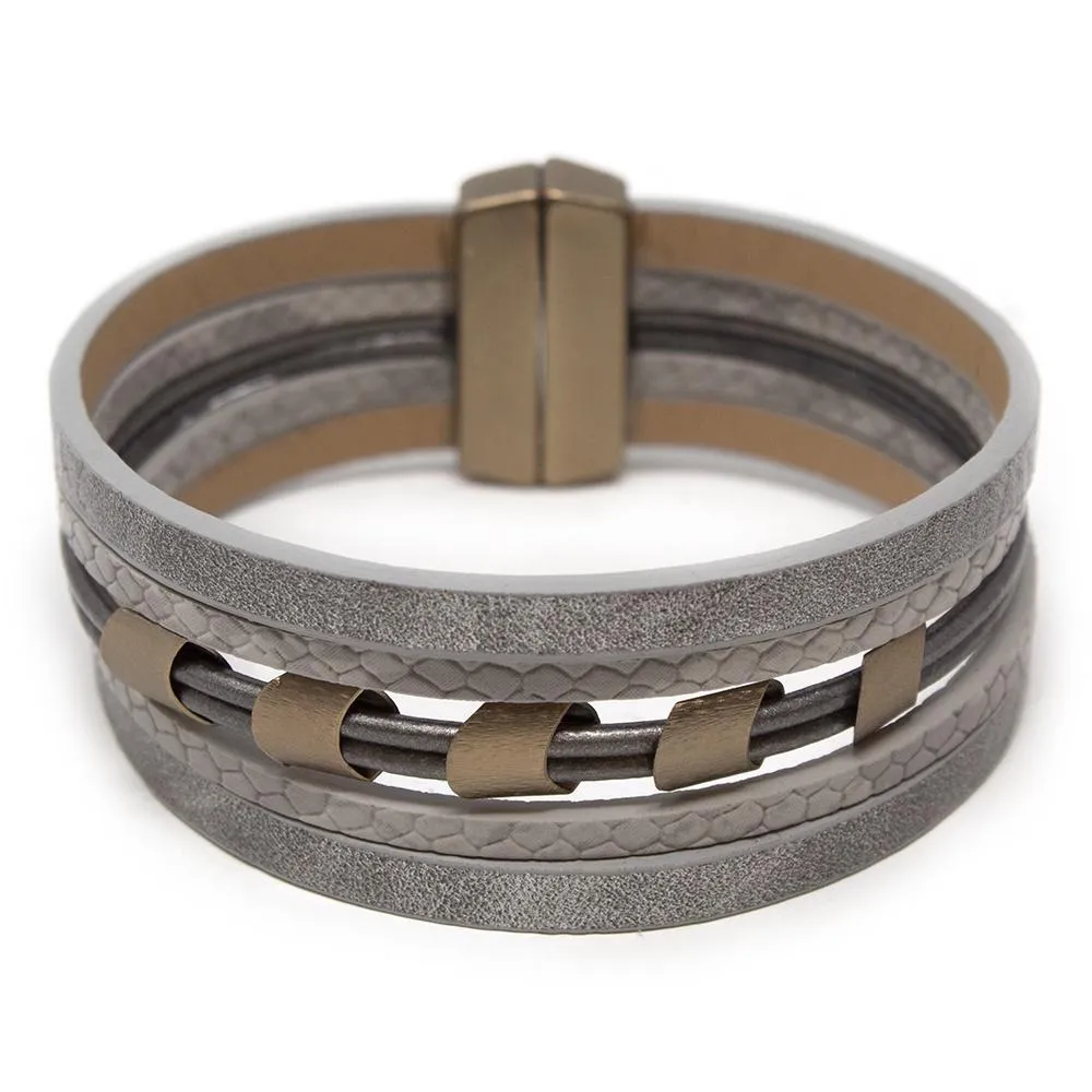 Dark Grey Five String Leather Bracelet With Bronze Accent