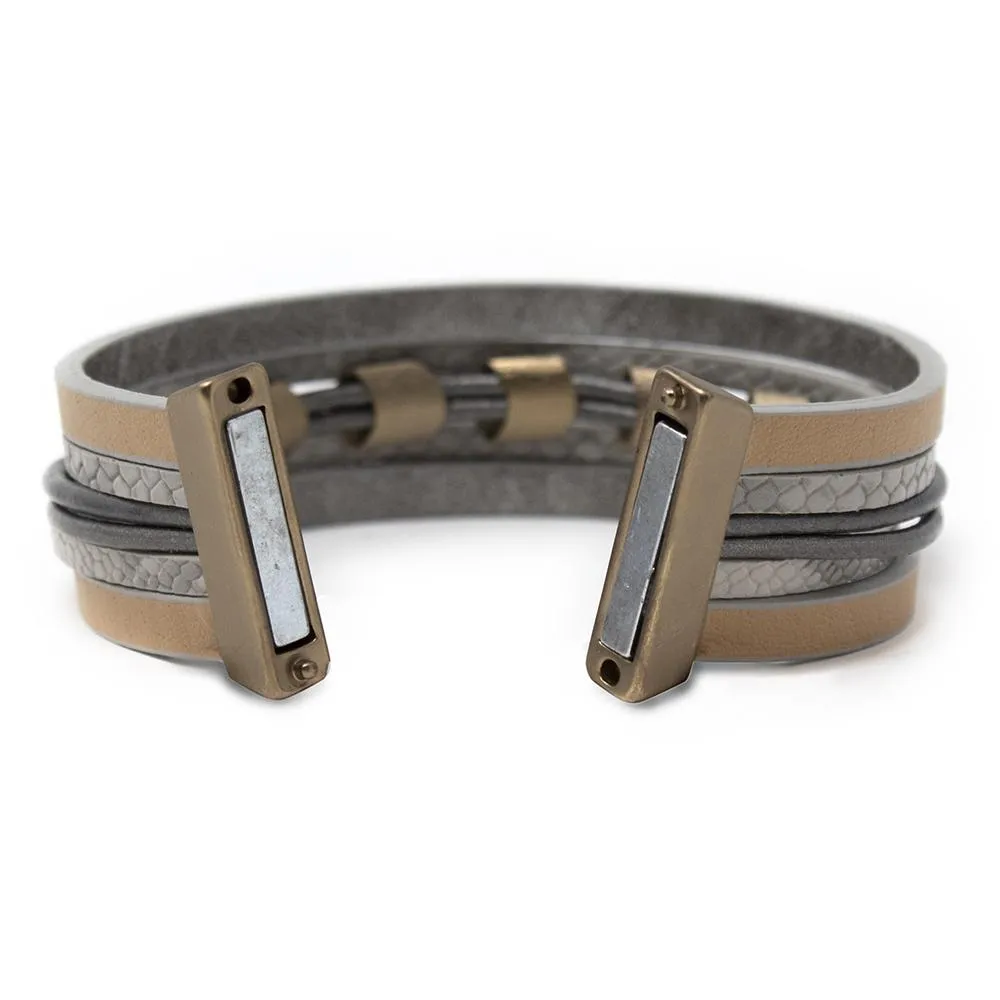 Dark Grey Five String Leather Bracelet With Bronze Accent