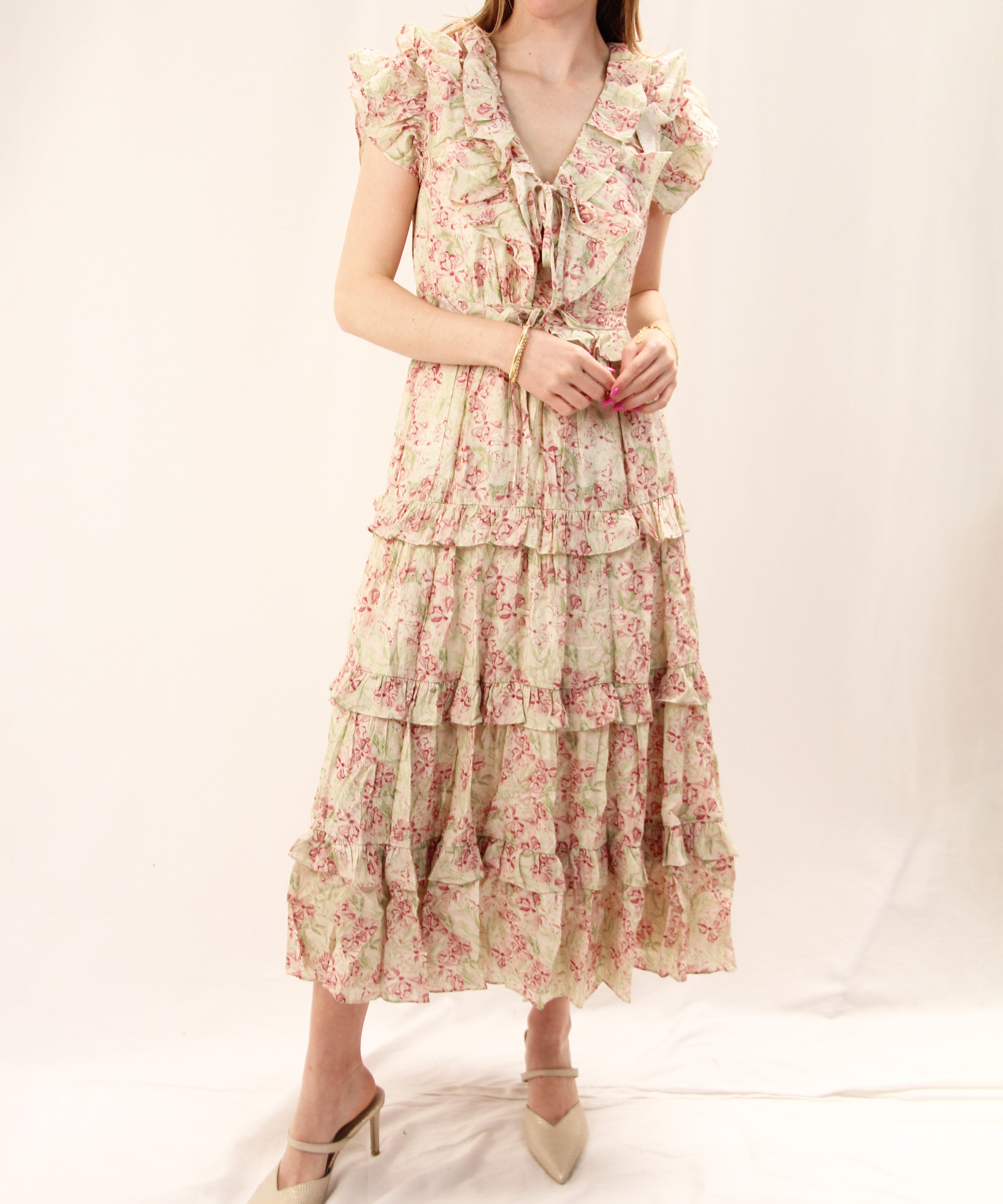 Floral Midi Dress - Ivory/Red Green Floral