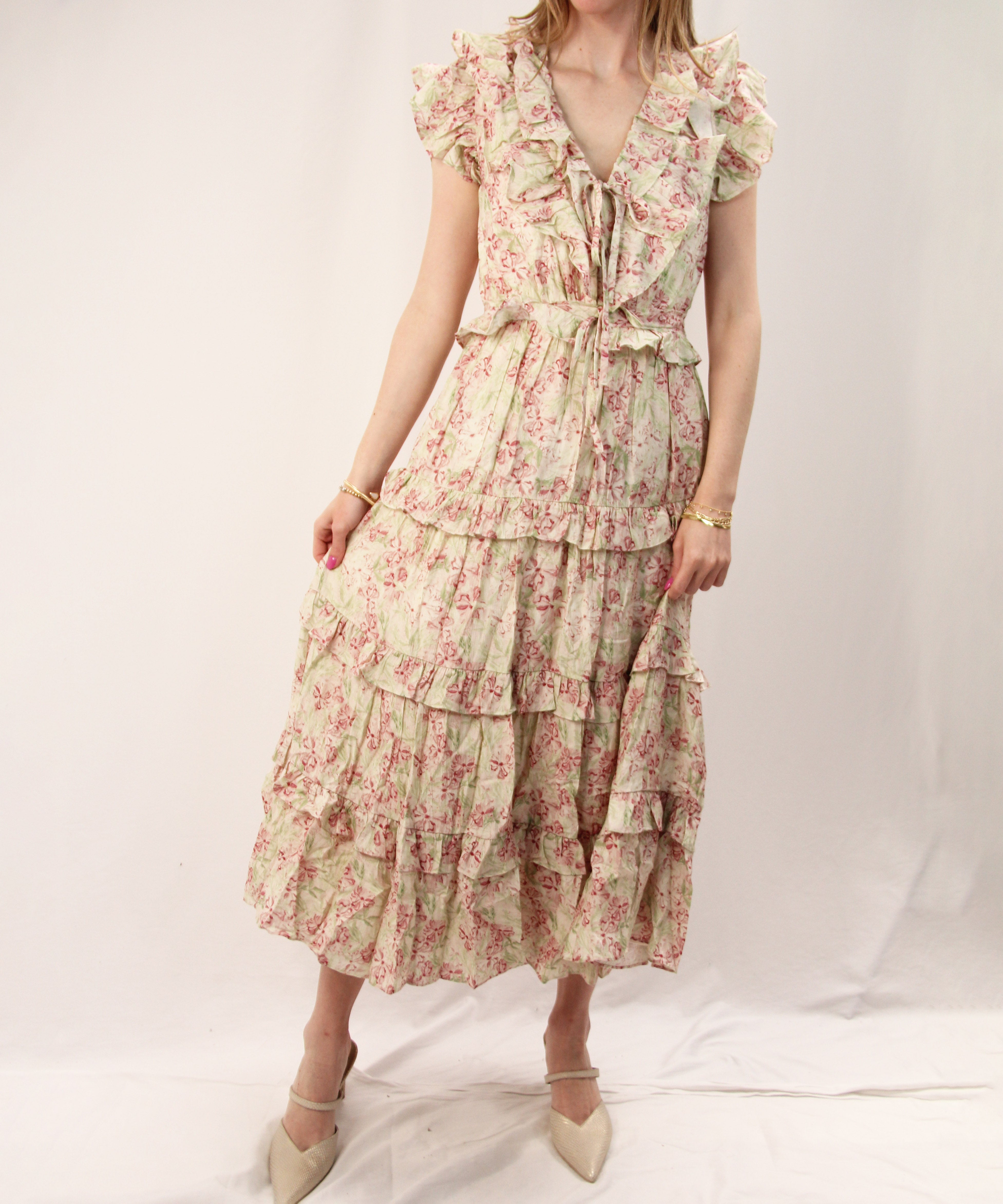 Floral Midi Dress - Ivory/Red Green Floral