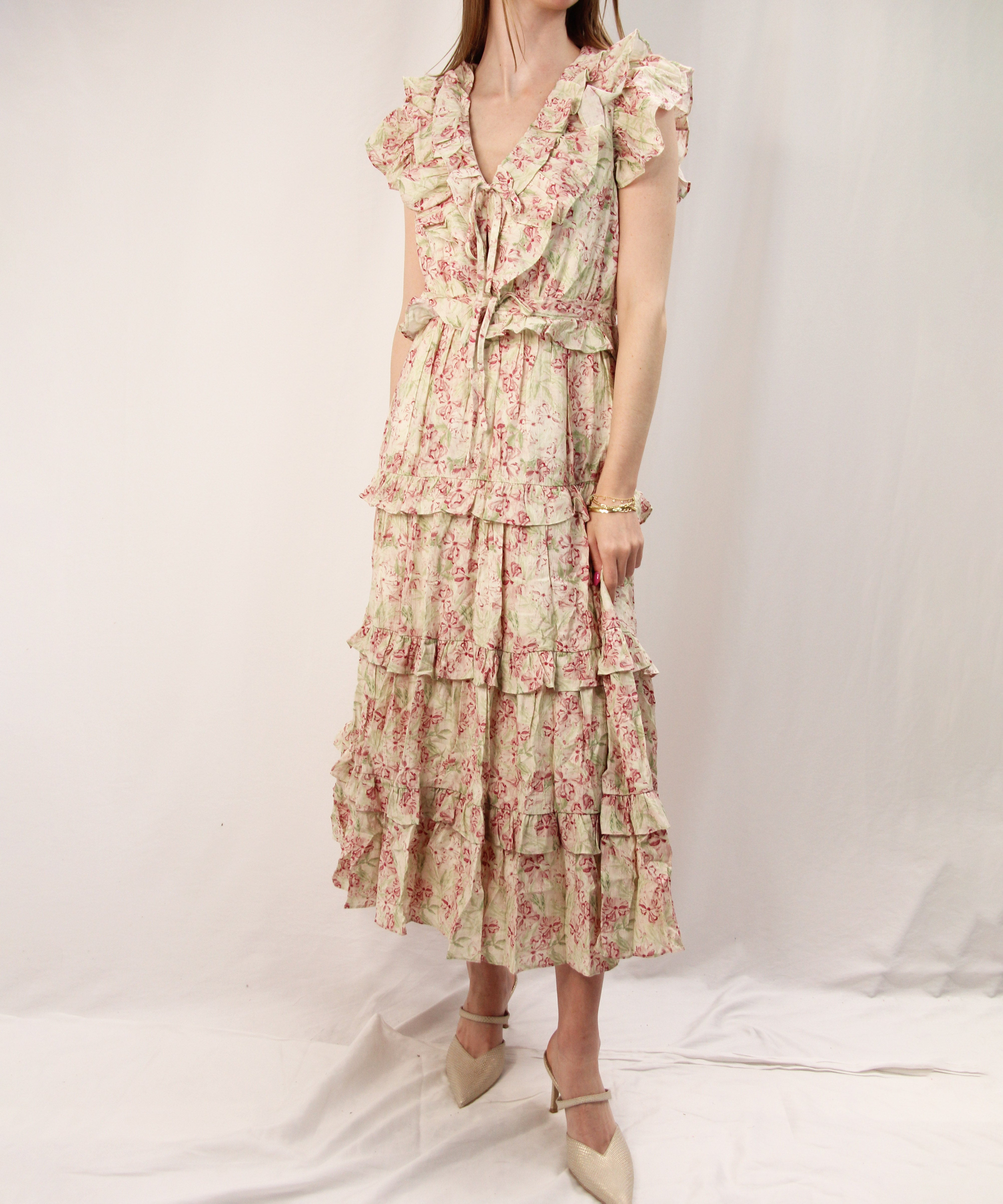 Floral Midi Dress - Ivory/Red Green Floral