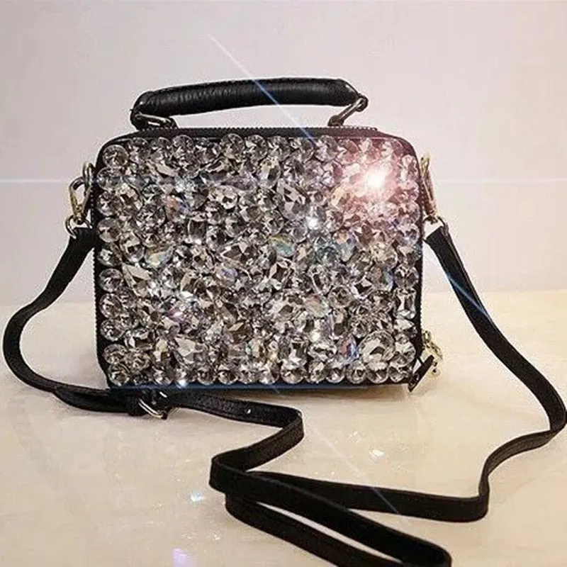 Genuine Leather Diamond Rhinestone Chain Shoulder Bag for Women