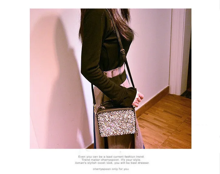 Genuine Leather Diamond Rhinestone Chain Shoulder Bag for Women