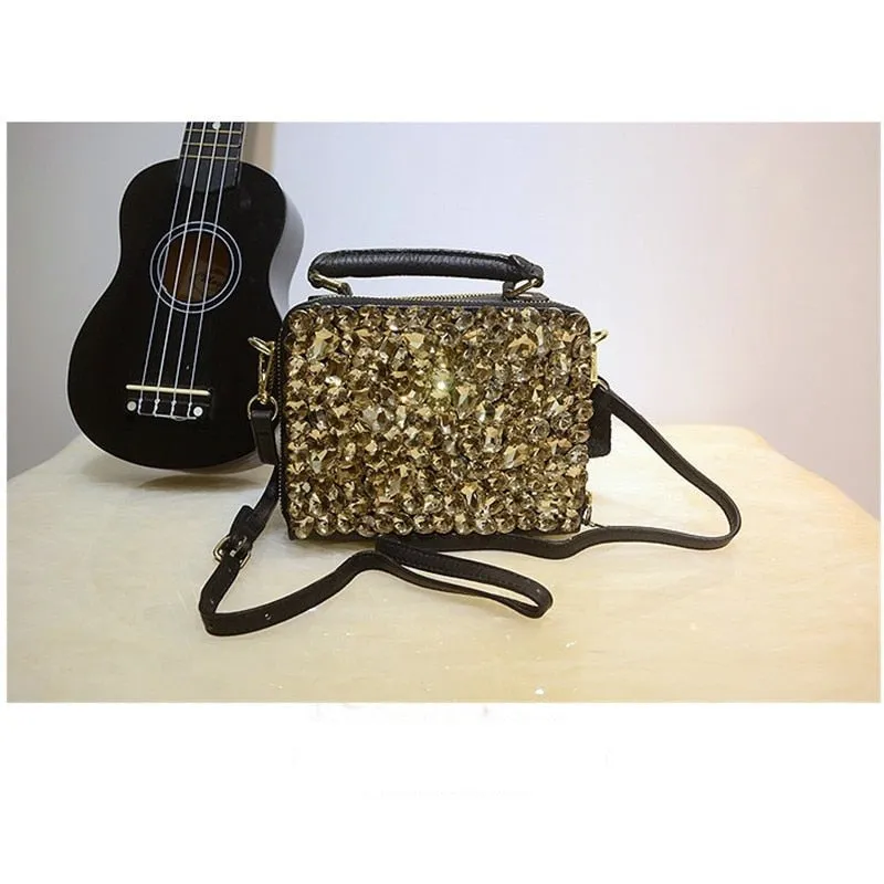 Genuine Leather Diamond Rhinestone Chain Shoulder Bag for Women