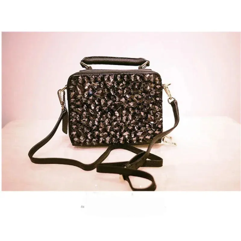 Genuine Leather Diamond Rhinestone Chain Shoulder Bag for Women