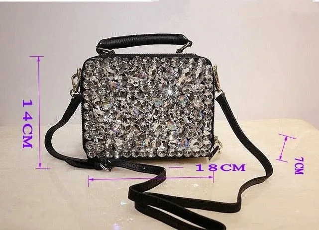 Genuine Leather Diamond Rhinestone Chain Shoulder Bag for Women