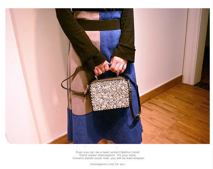 Genuine Leather Diamond Rhinestone Chain Shoulder Bag for Women