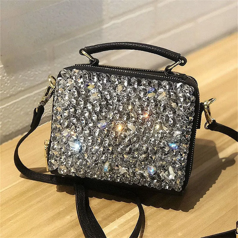 Genuine Leather Diamond Rhinestone Chain Shoulder Bag for Women