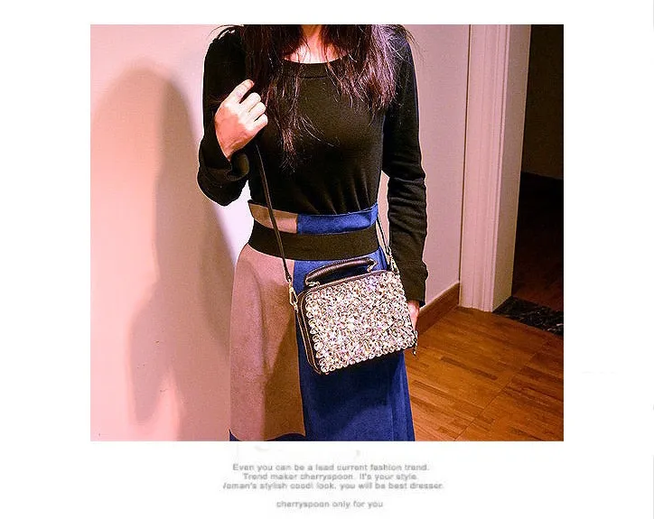 Genuine Leather Diamond Rhinestone Chain Shoulder Bag for Women