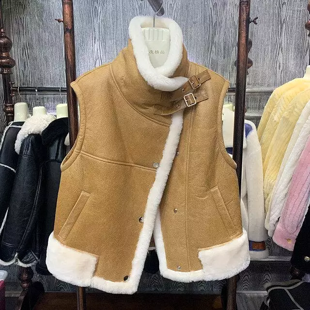 Genuine Sheepskin Leather Vest Fur Gilets Winter Autumn Waistcoat MH3638L