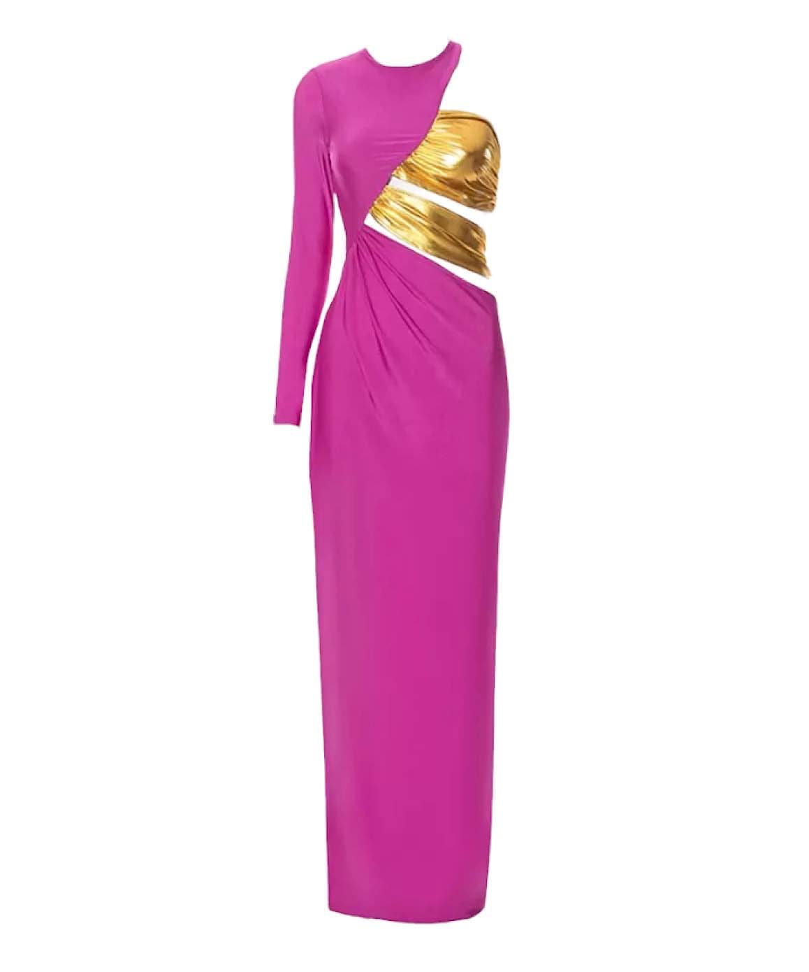 Gold Purple Ruched Maxi Dress