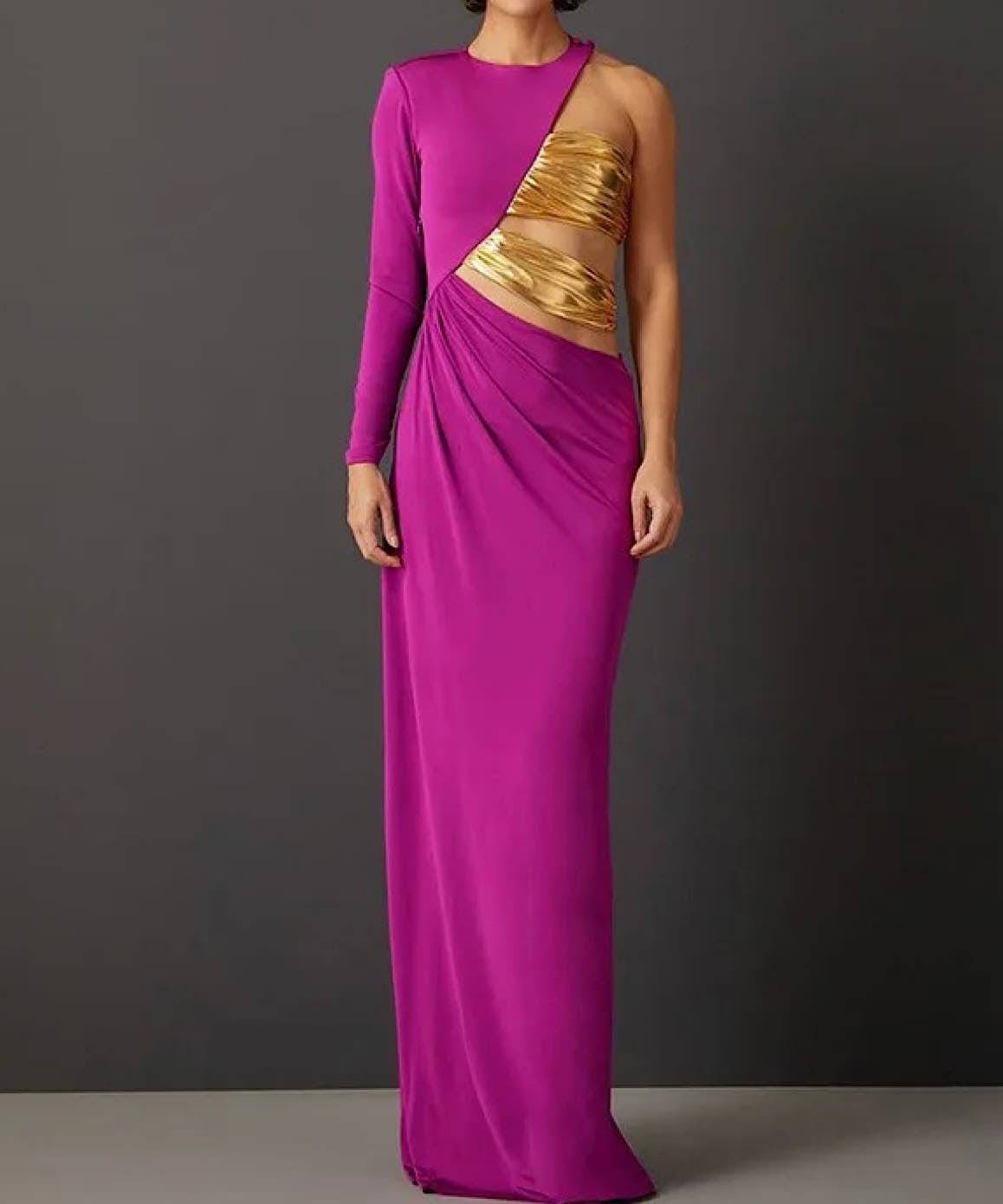 Gold Purple Ruched Maxi Dress