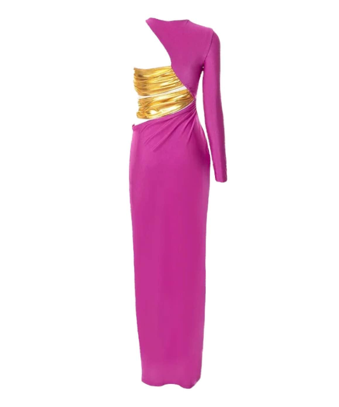 Gold Purple Ruched Maxi Dress