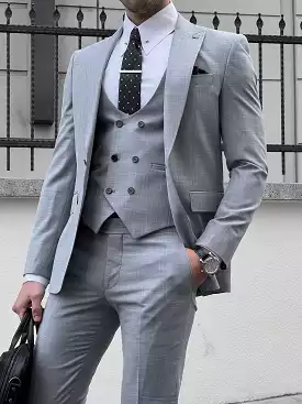 Gray Slim Fit Vest with Pointed Collar - Business Suit