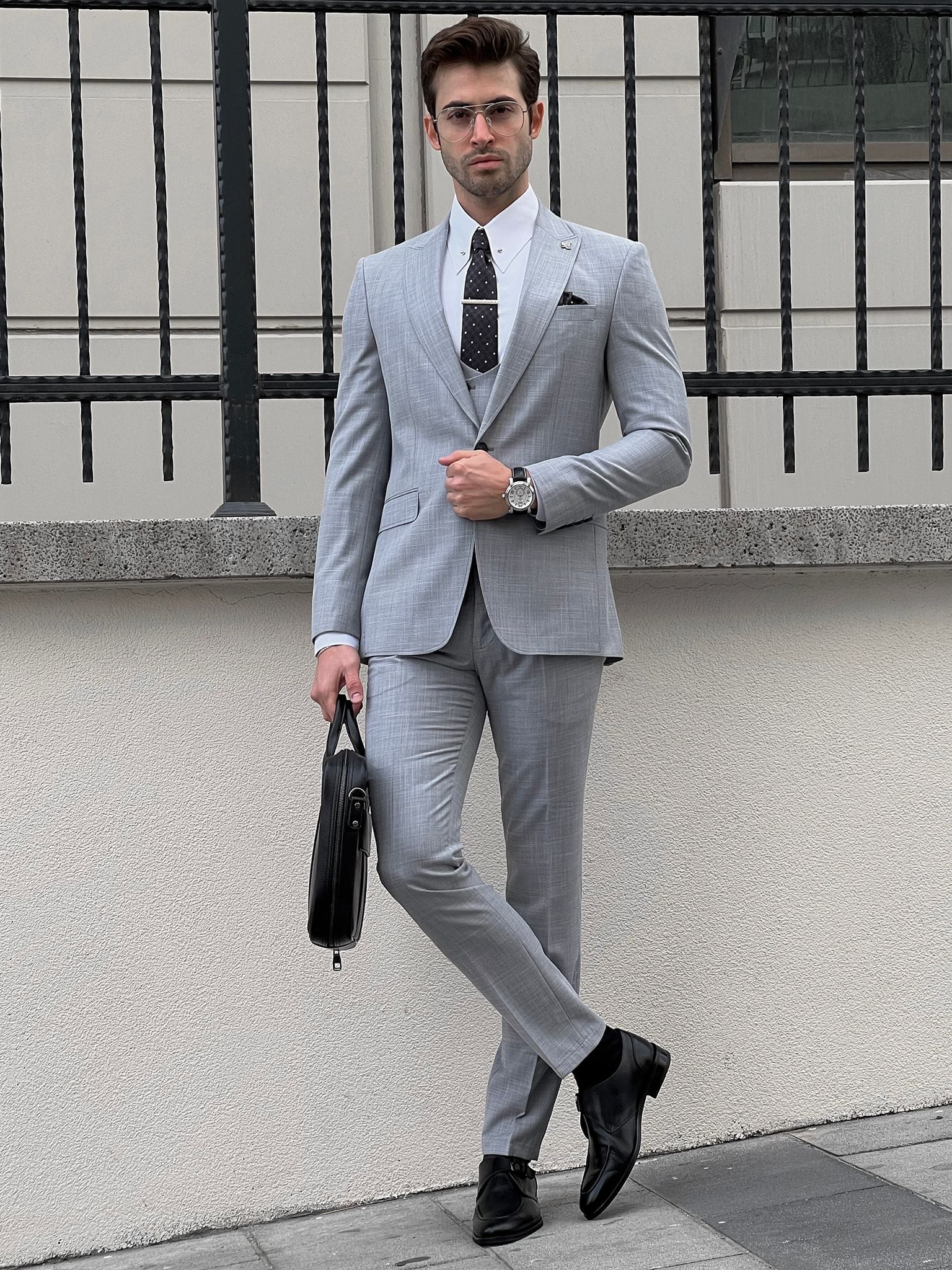 Gray Slim Fit Vest with Pointed Collar - Business Suit