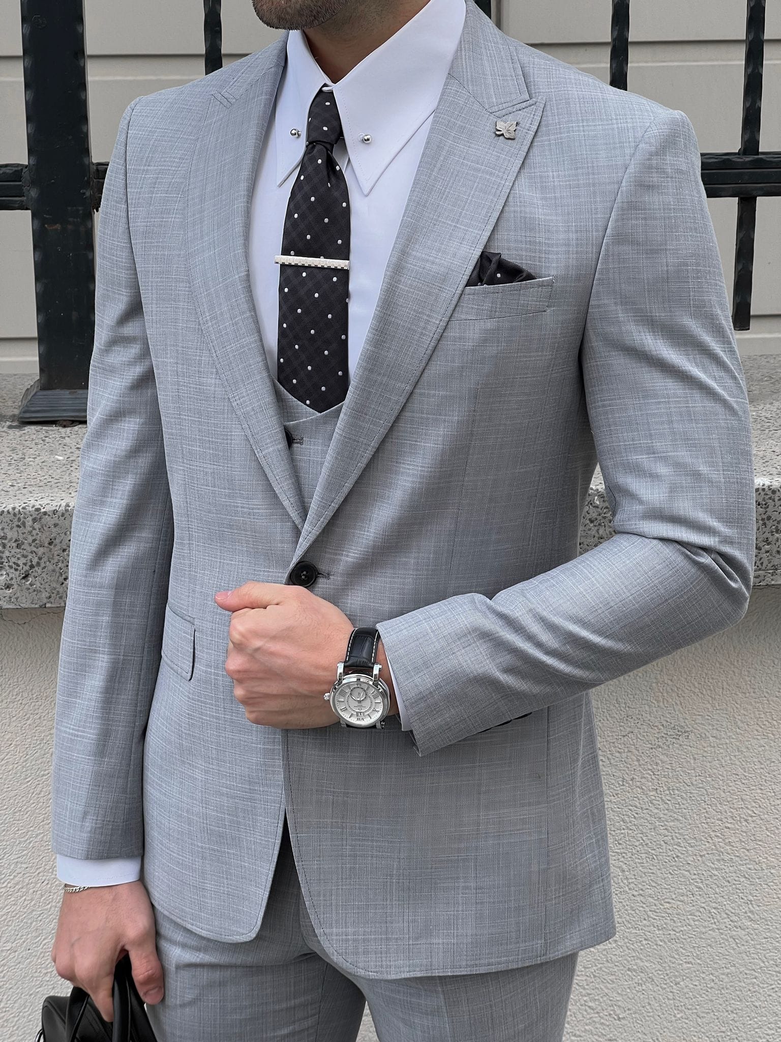 Gray Slim Fit Vest with Pointed Collar - Business Suit