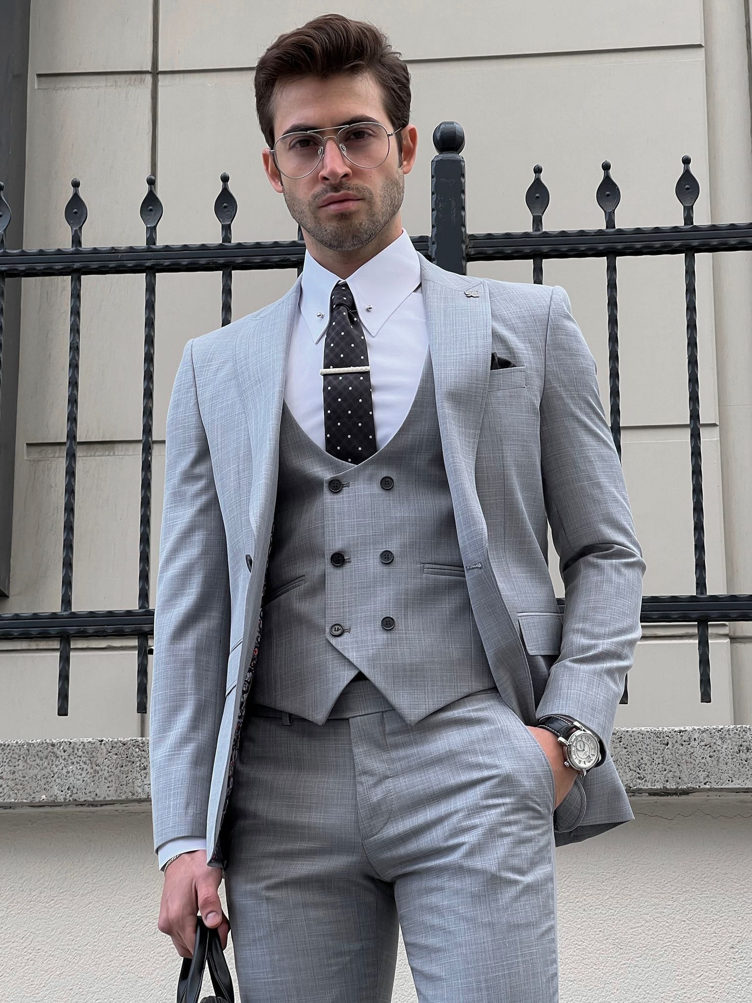 Gray Slim Fit Vest with Pointed Collar - Business Suit