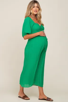 Maternity Jumpsuit with Drawstring Front and Short Sleeves - Green Smocked