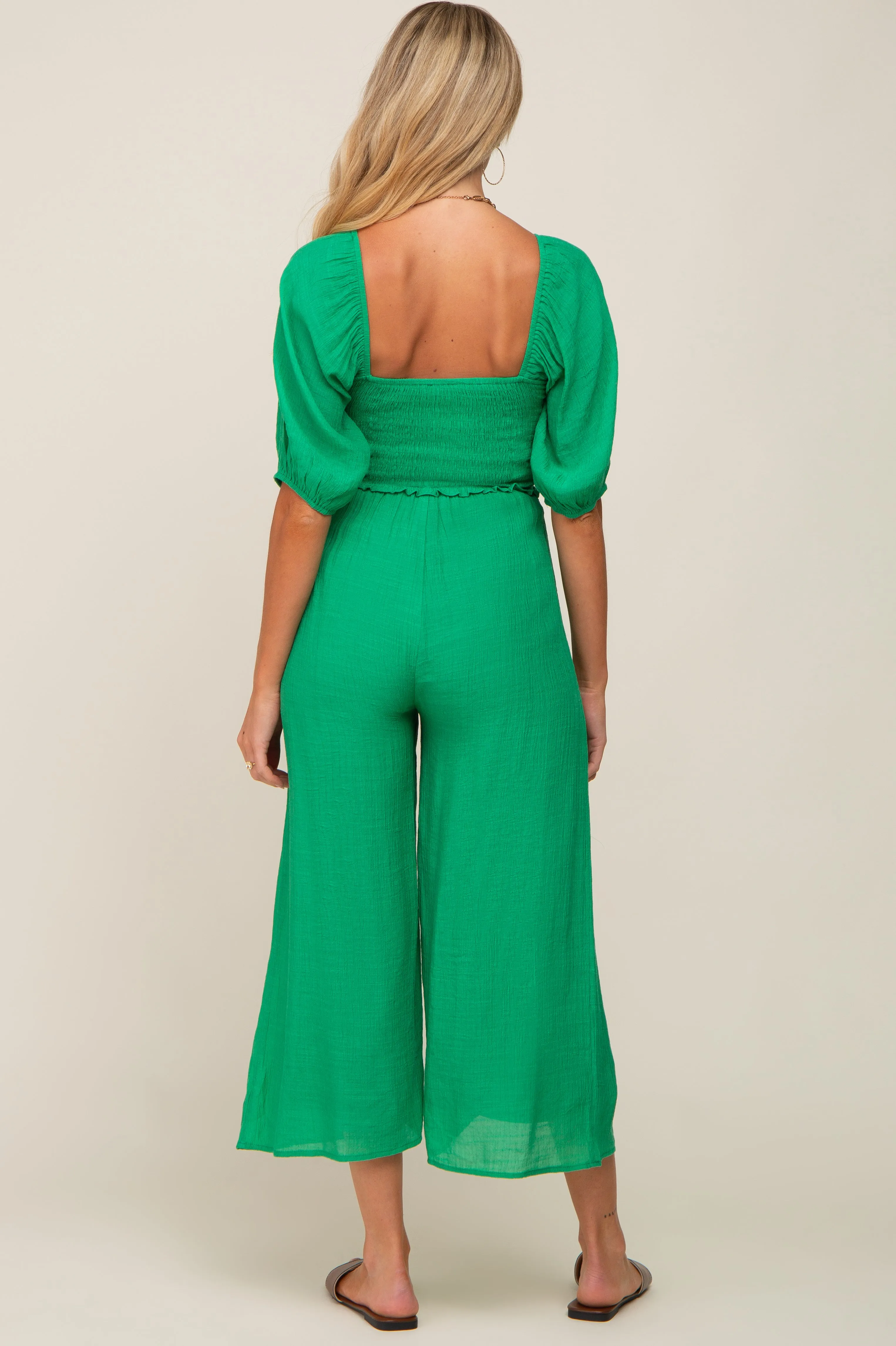 Maternity Jumpsuit with Drawstring Front and Short Sleeves - Green Smocked