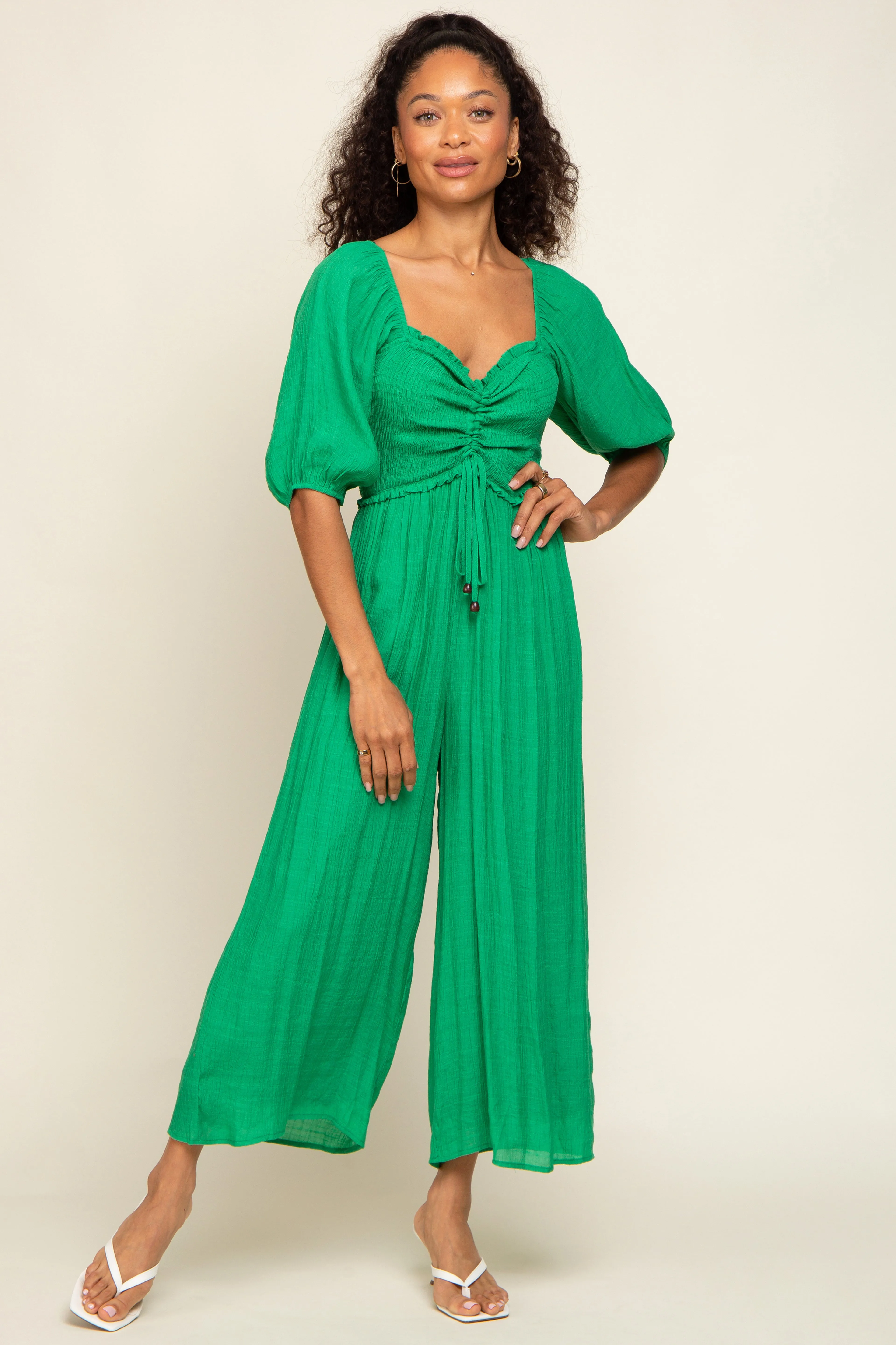 Maternity Jumpsuit with Drawstring Front and Short Sleeves - Green Smocked