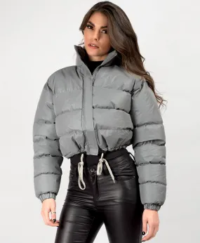 Grey Reflective Cropped Puffer Jacket