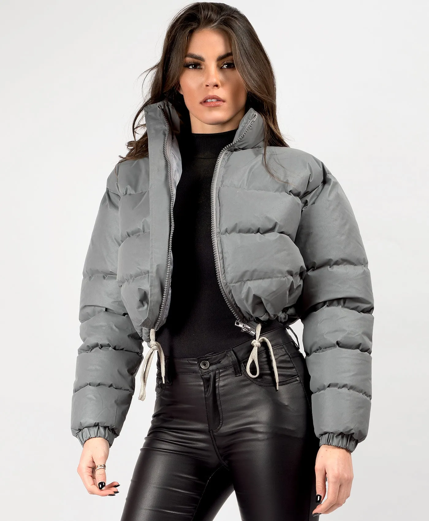 Grey Reflective Cropped Puffer Jacket