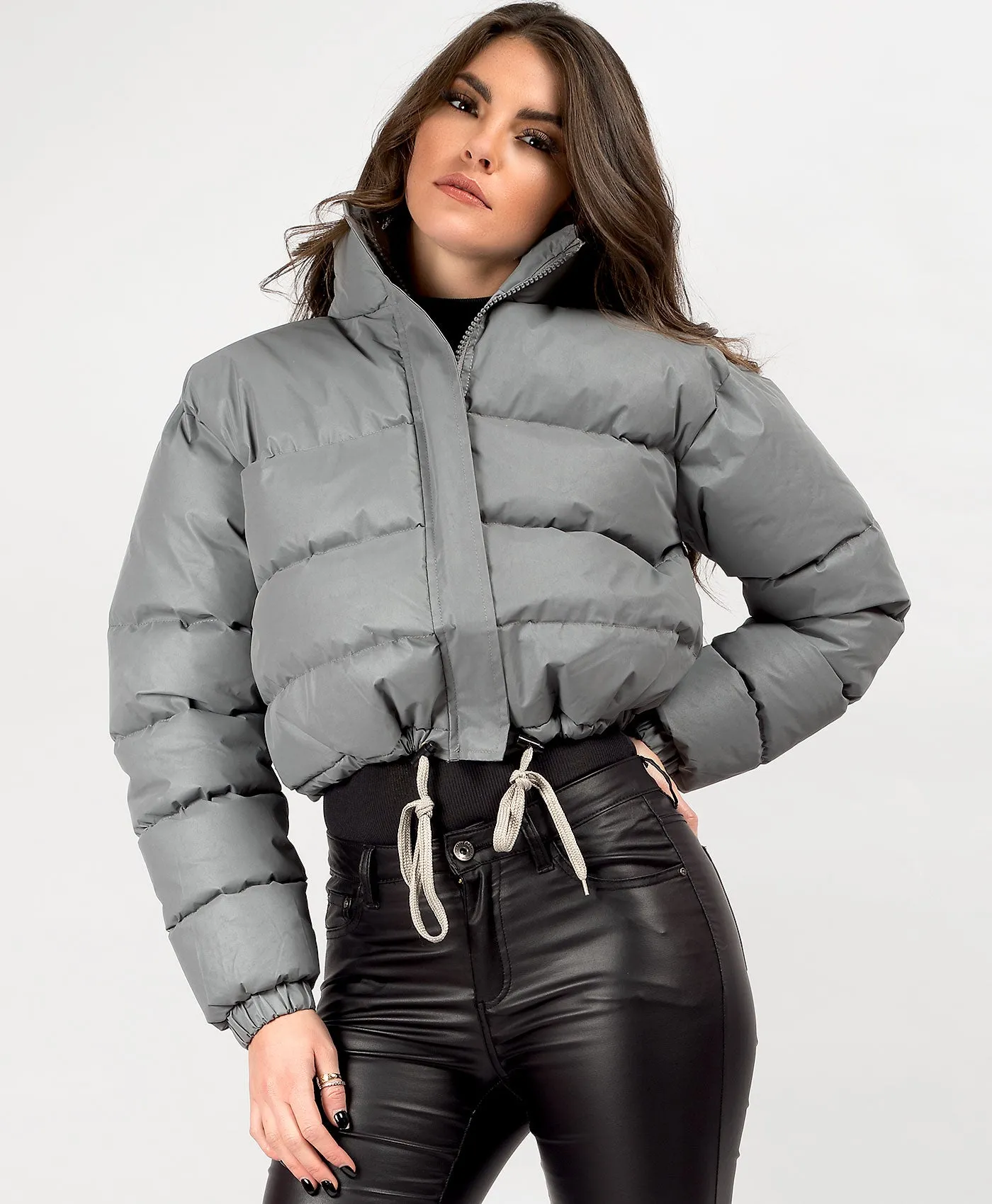 Grey Reflective Cropped Puffer Jacket