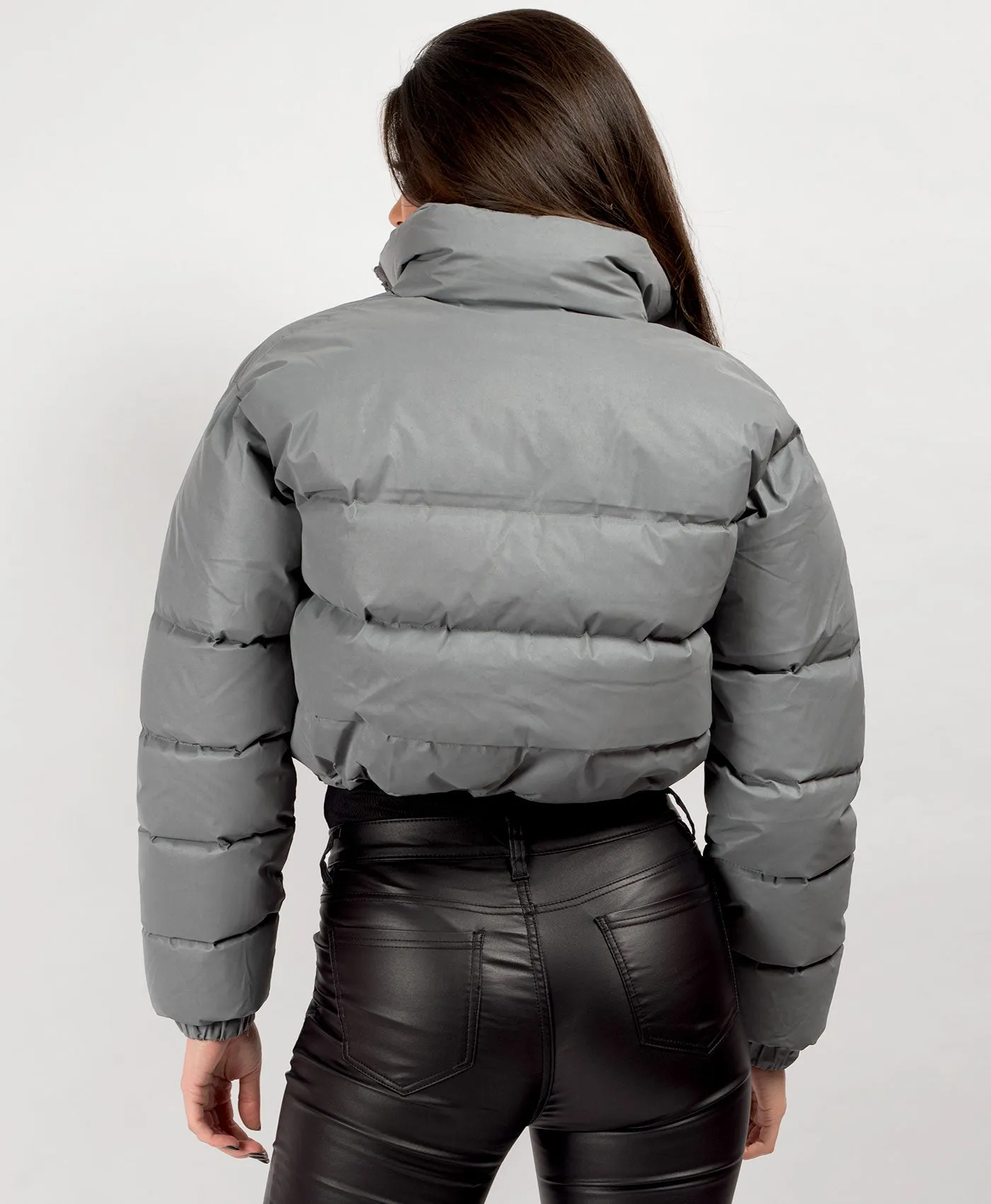 Grey Reflective Cropped Puffer Jacket