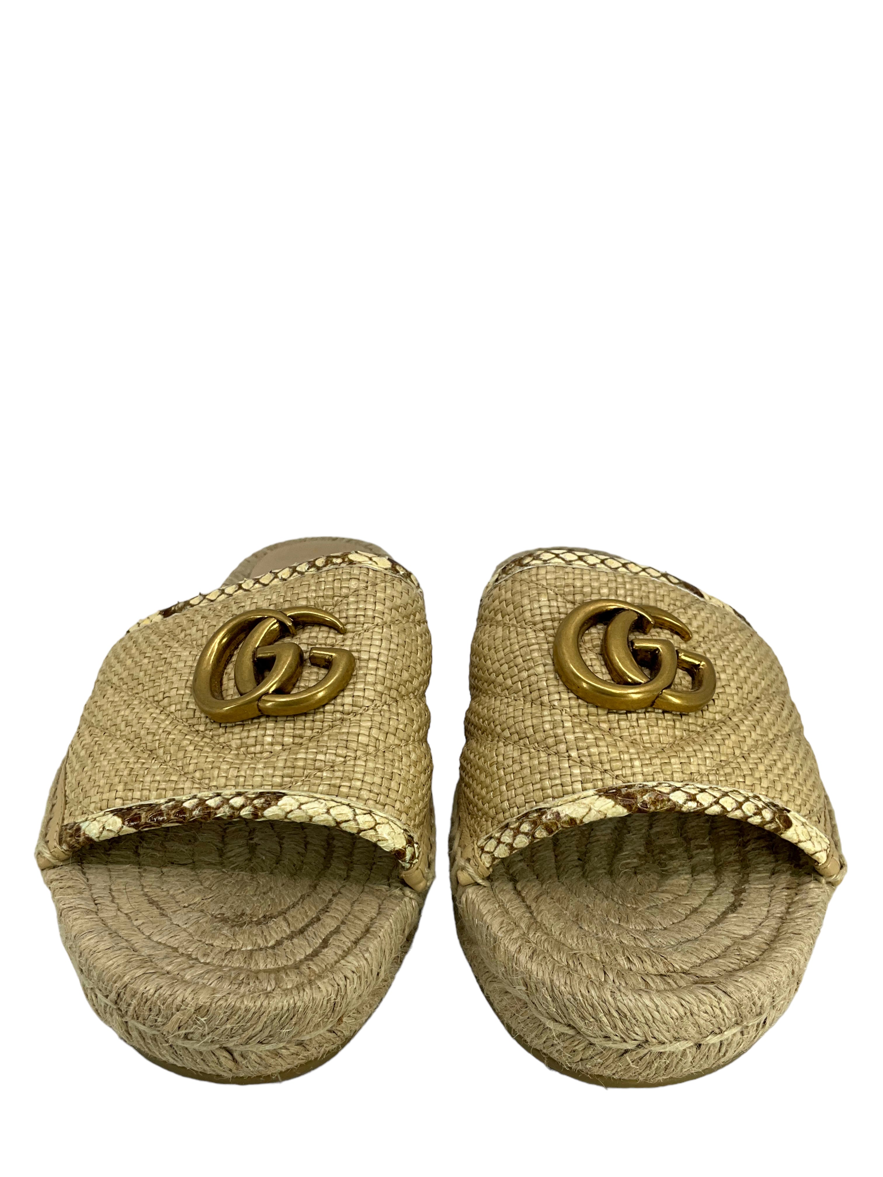 GUCCI Straw Elaphe GG Marmont size 7 Espadrille Sandals