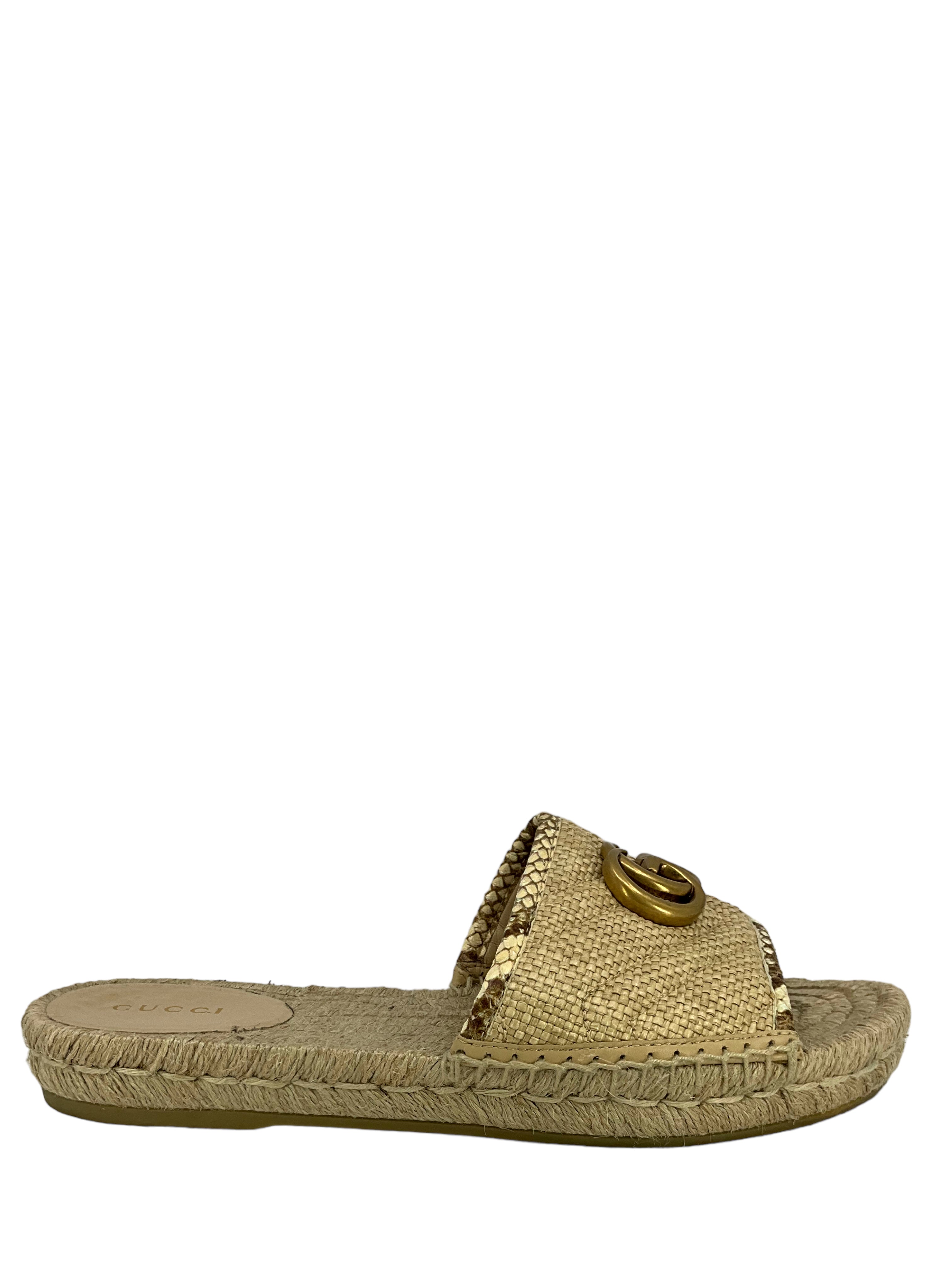 GUCCI Straw Elaphe GG Marmont size 7 Espadrille Sandals