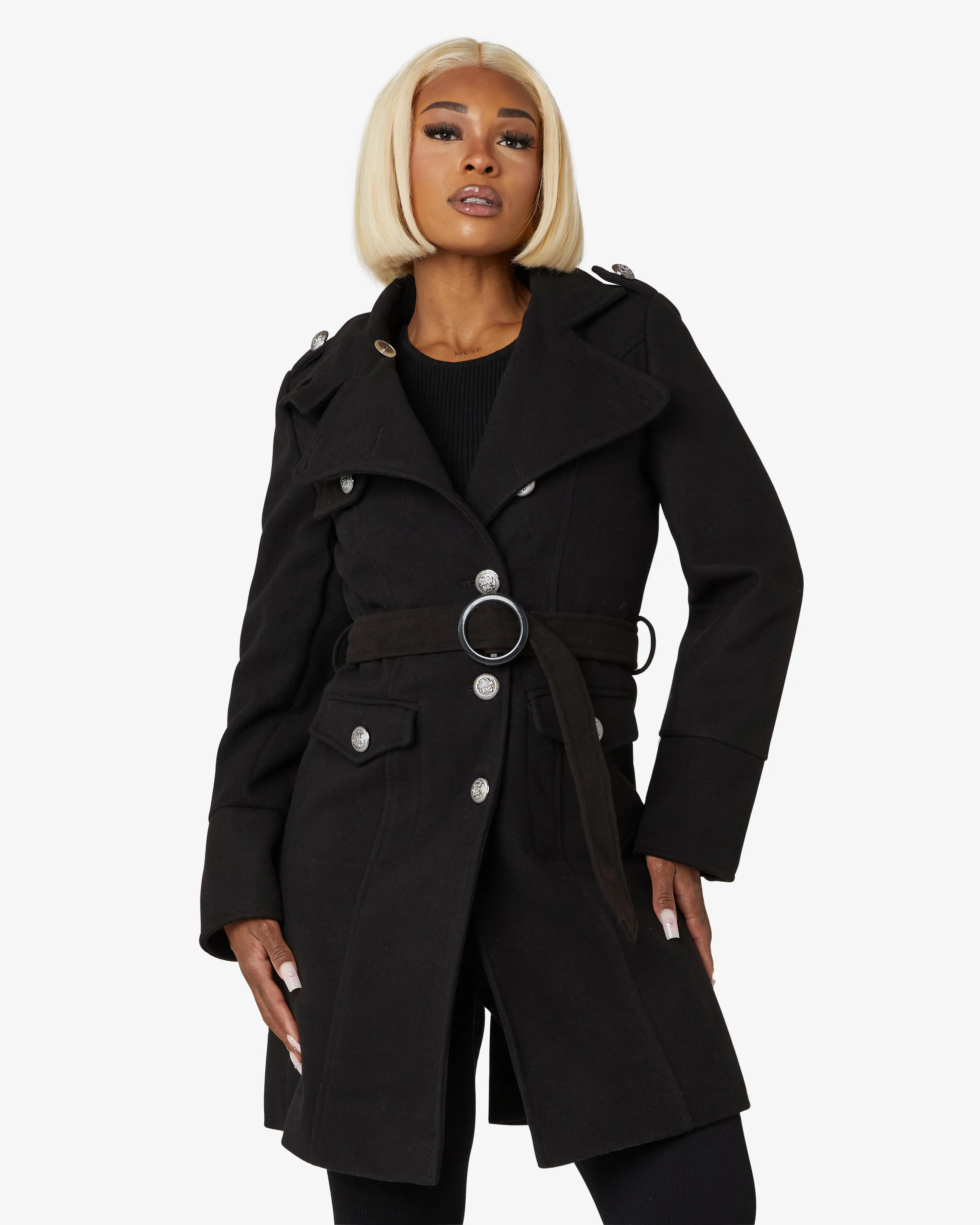 High Neck Belted Military Coat (1502)