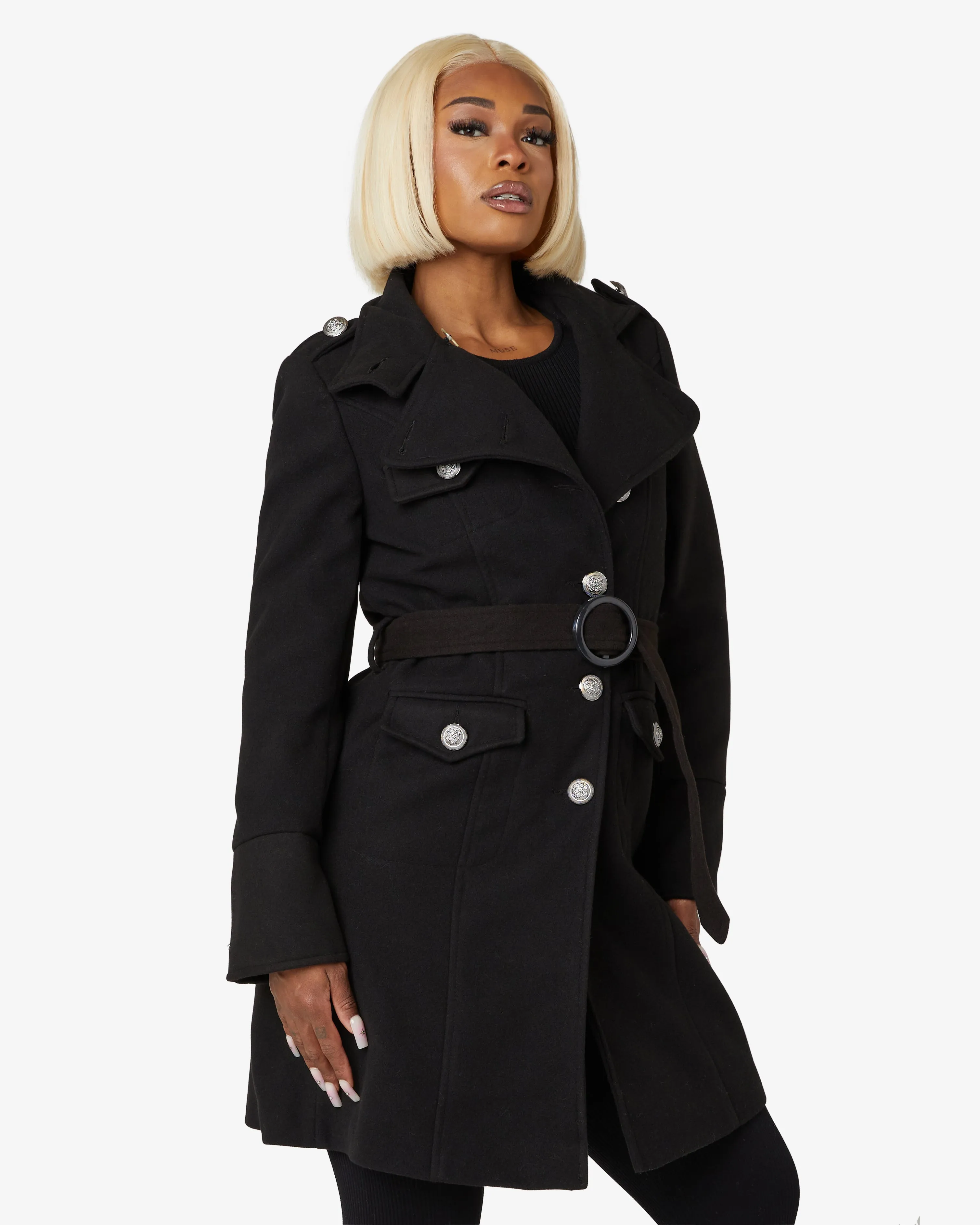 High Neck Belted Military Coat (1502)