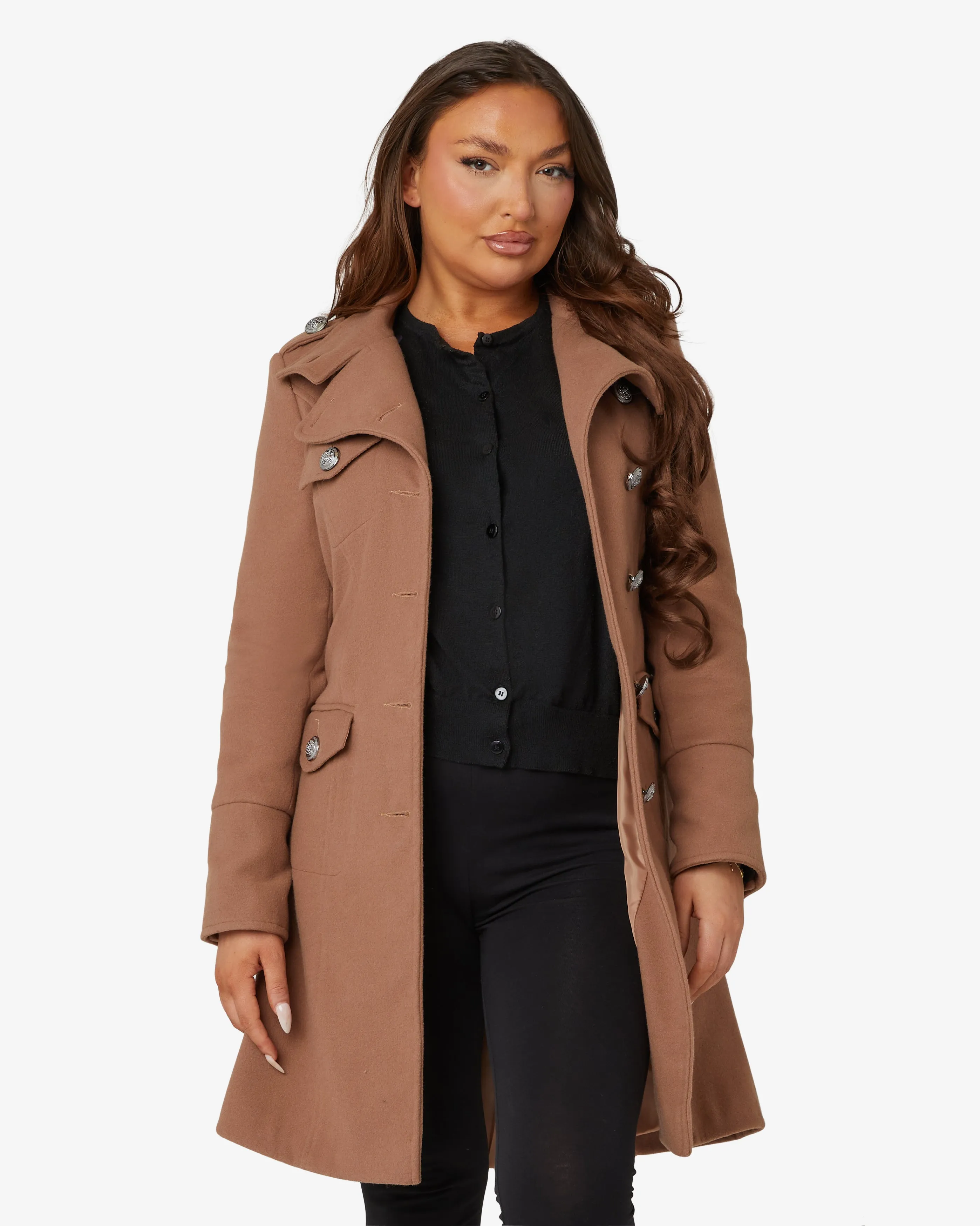 High Neck Belted Military Coat (1502)