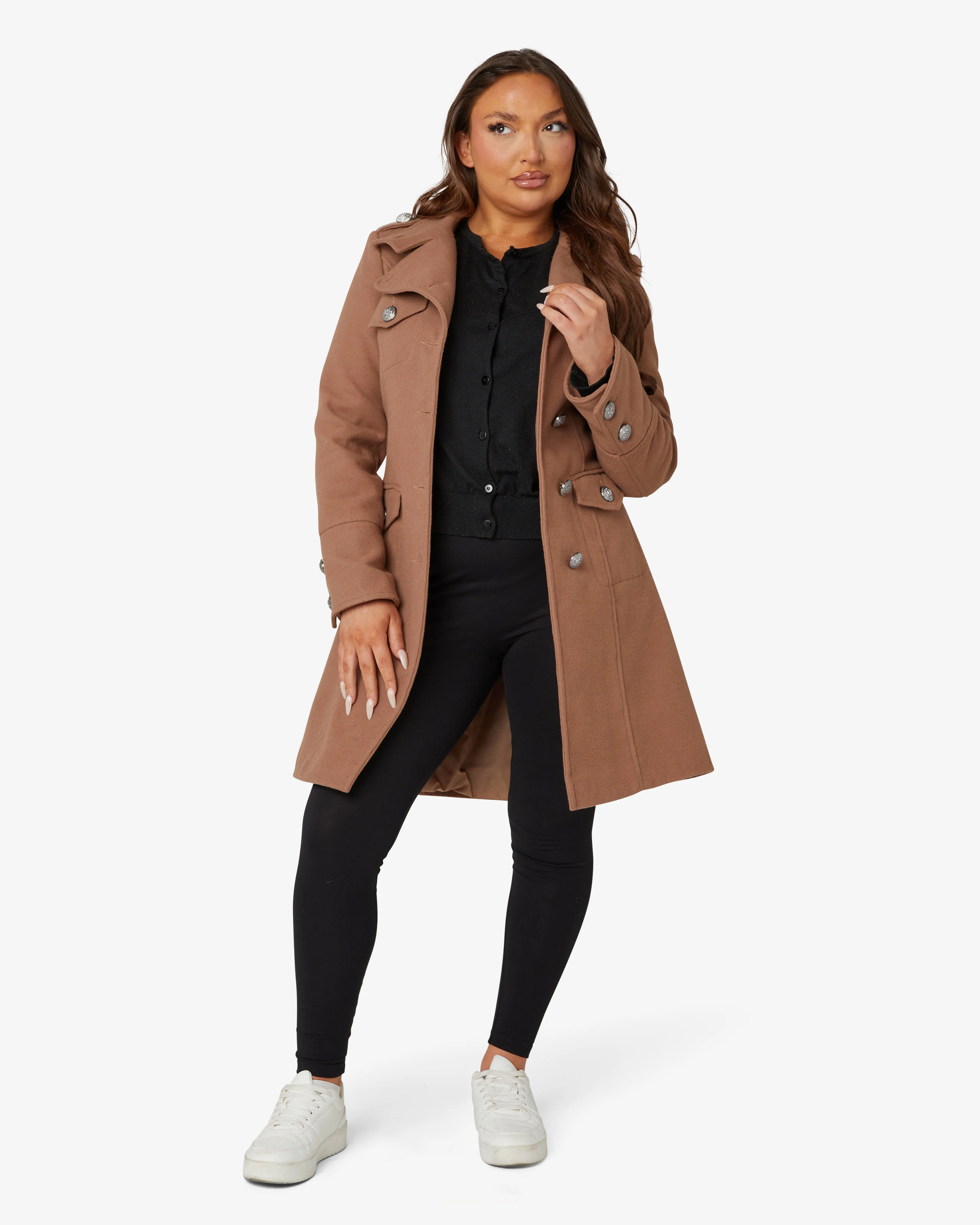 High Neck Belted Military Coat (1502)