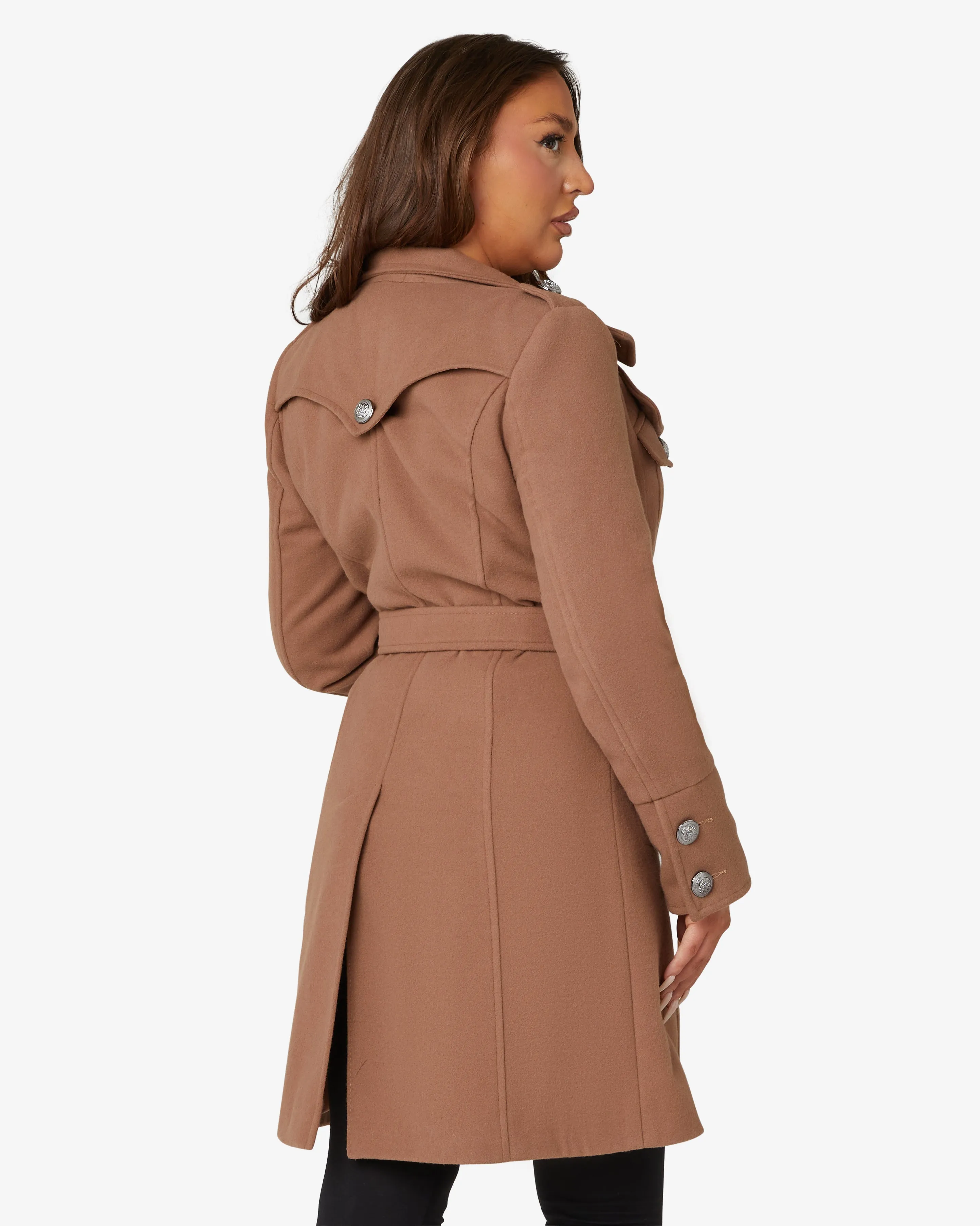 High Neck Belted Military Coat (1502)