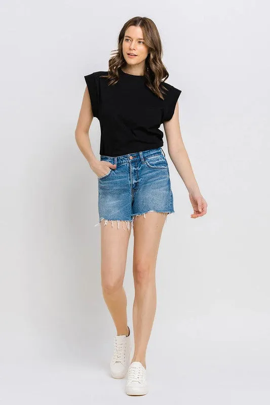 High Waisted Frayed Hem Denim Short A-Line Shorts