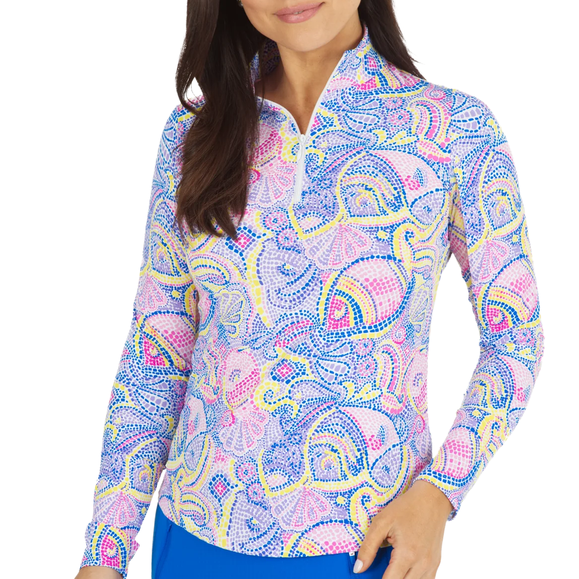 IBKUL Mariel Blue Multi Mock Long Sleeve