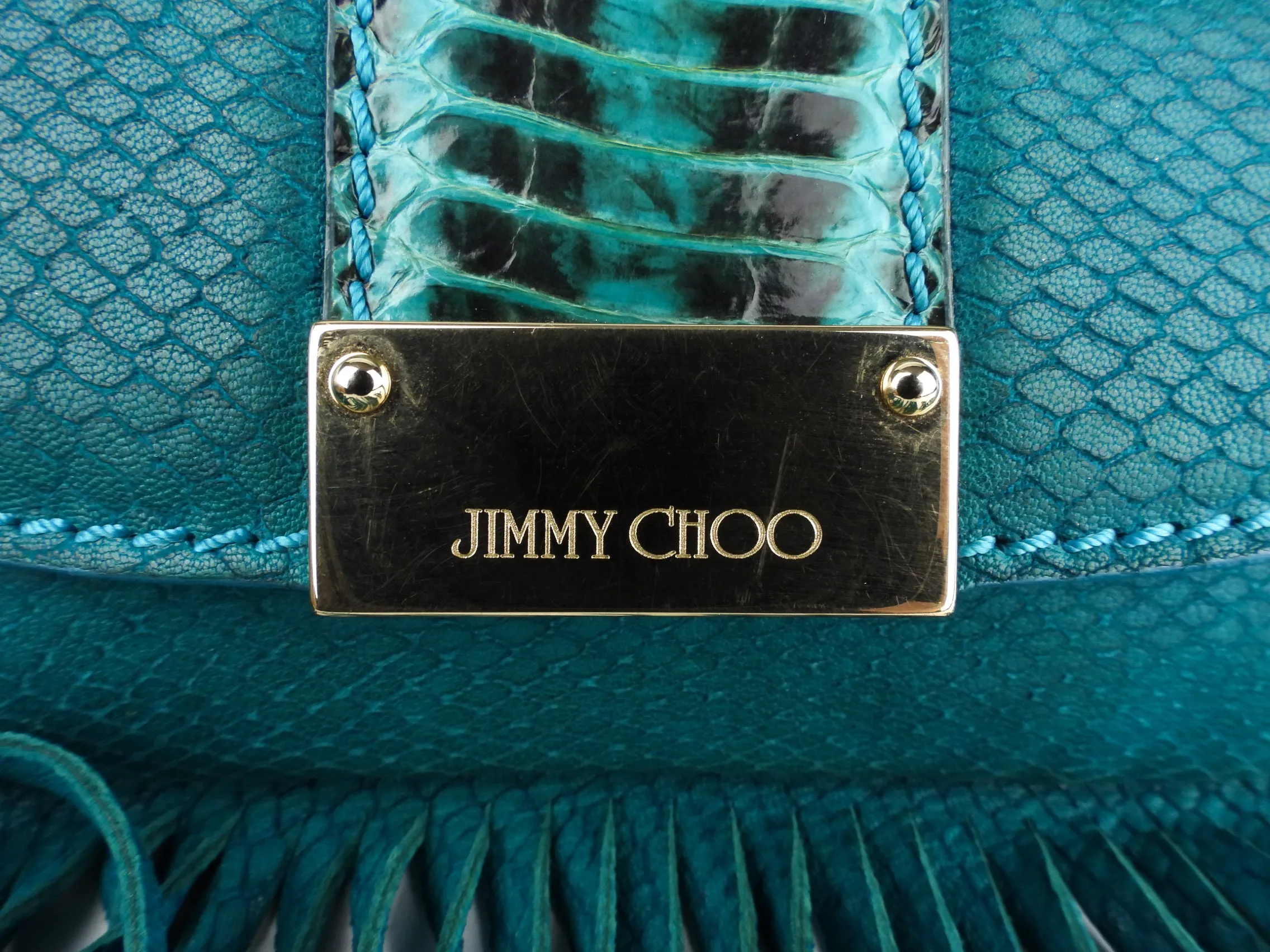 Jimmy Choo Blue Snakeskin Fringe Clutch Bag with Wrist Strap - Google SEO: Jimmy Choo Blue Snakeskin Fringe Clutch Bag, Wrist St