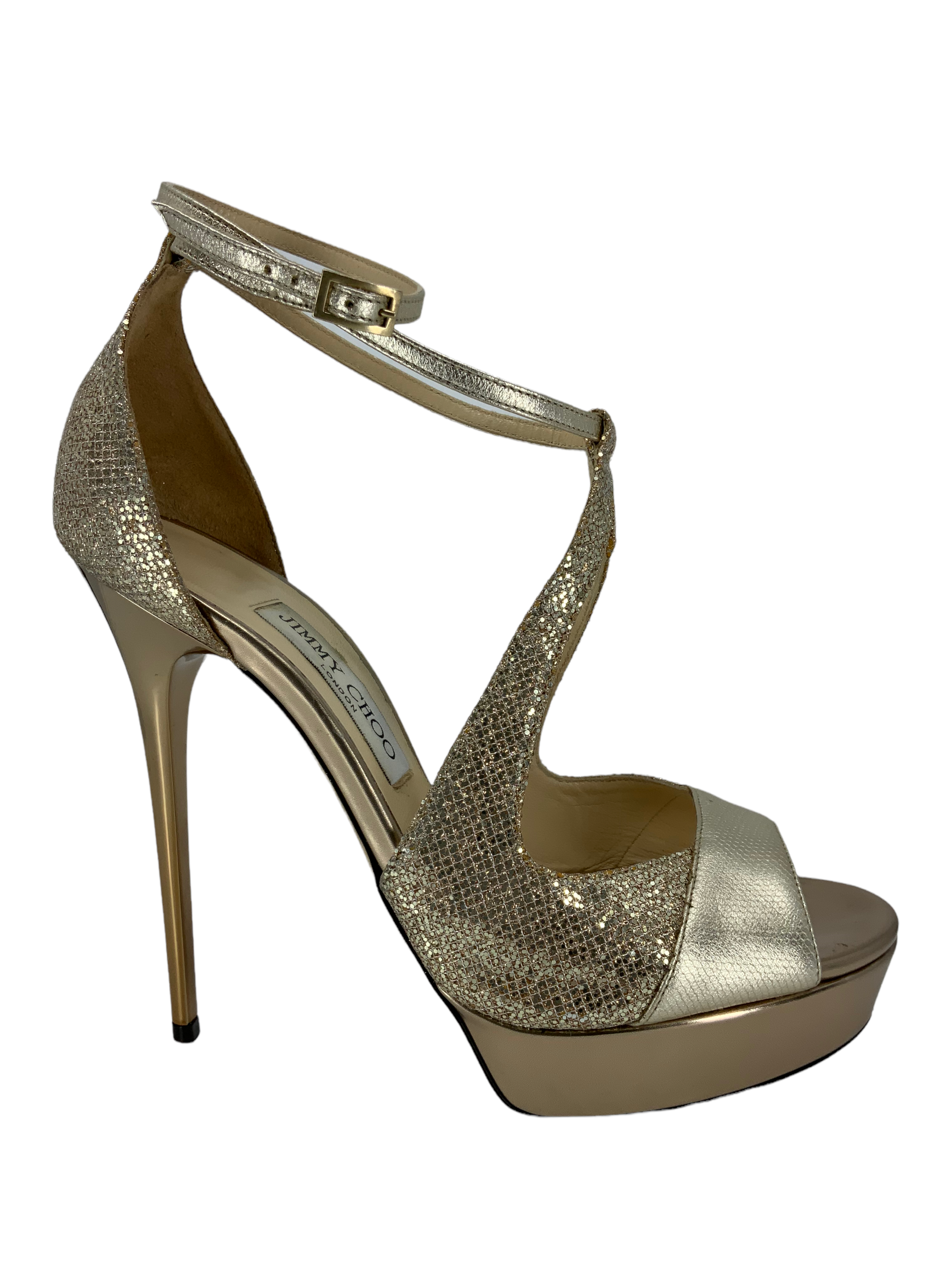 Jimmy Choo Silver Sparkle Platform Sandals Size 9.5.