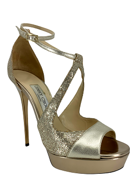 Jimmy Choo Silver Sparkle Platform Sandals Size 9.5.