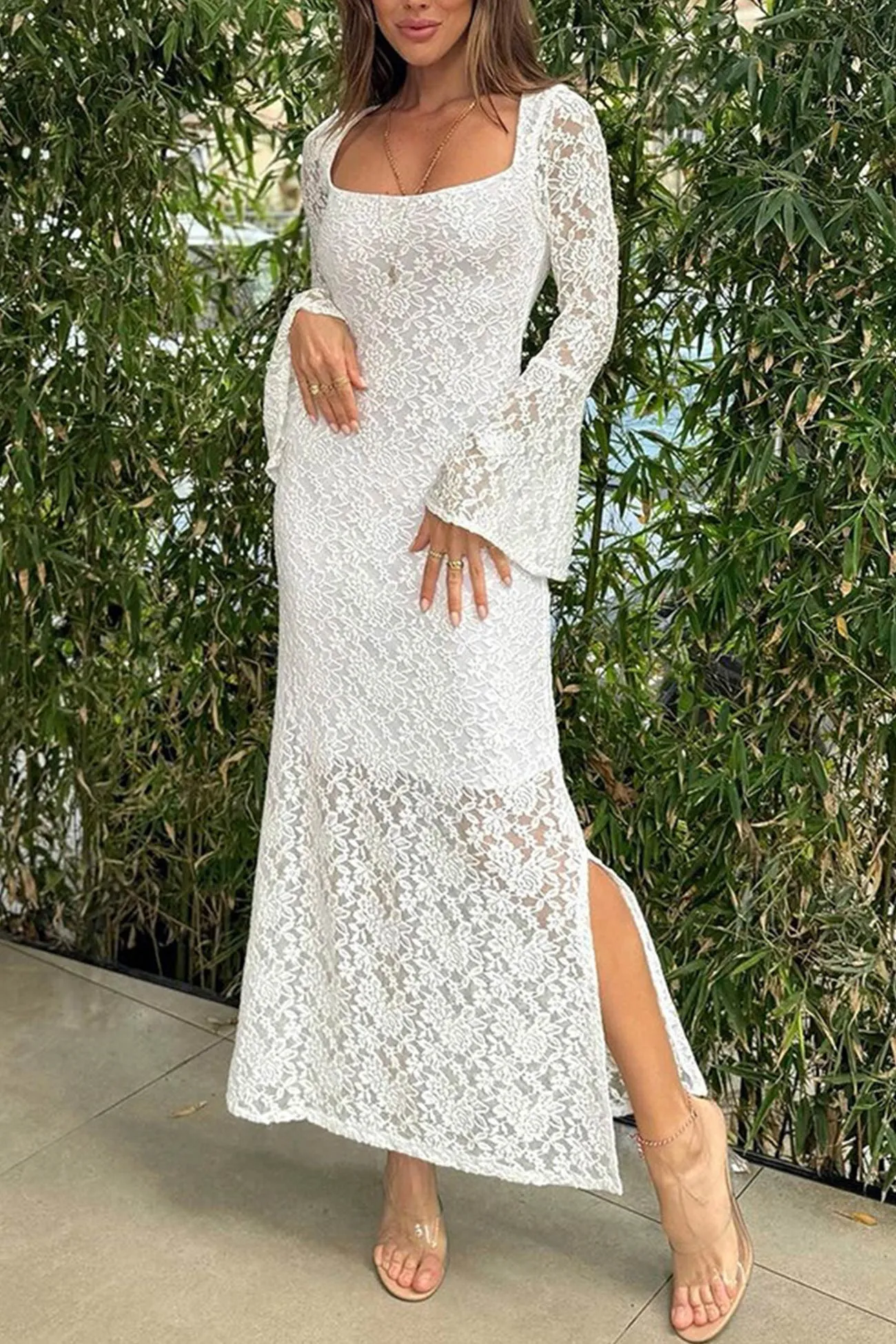 Lace Long Sleeve Slit Dress