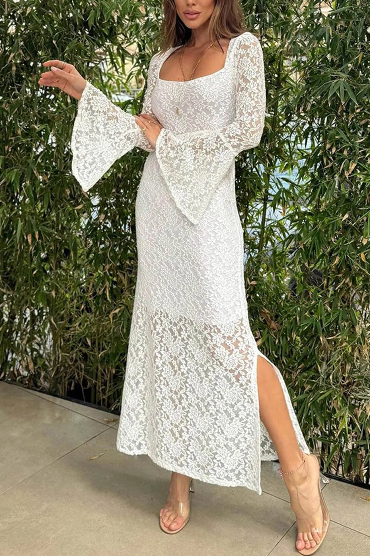 Lace Long Sleeve Slit Dress